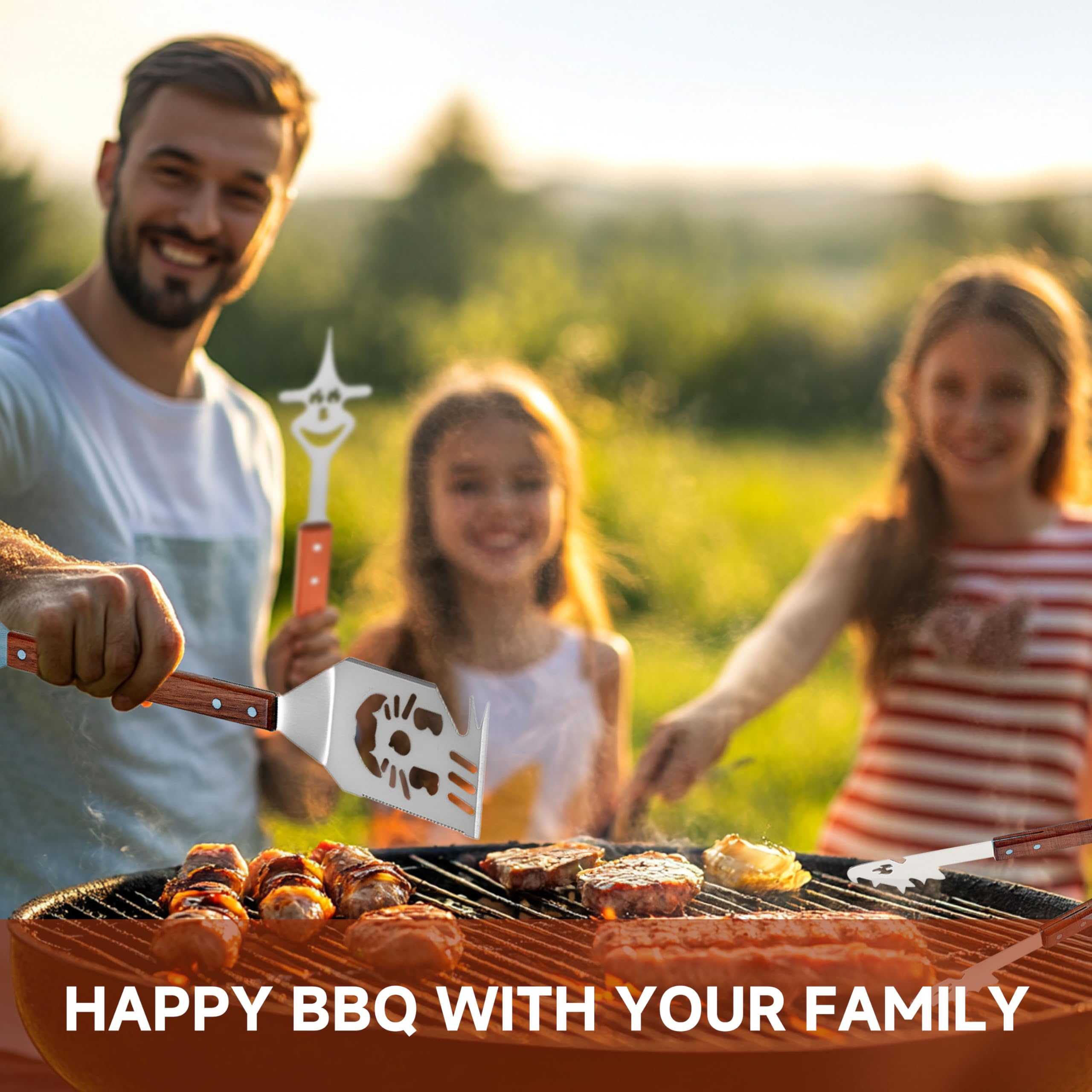 Set Utensili Barbecue 3 Pezzi in Acciaio Inox con Manici in Legno, Accessori BBQ con Paletta, Pinza e Forchettone, per Barbecue, Campeggio e Cucina