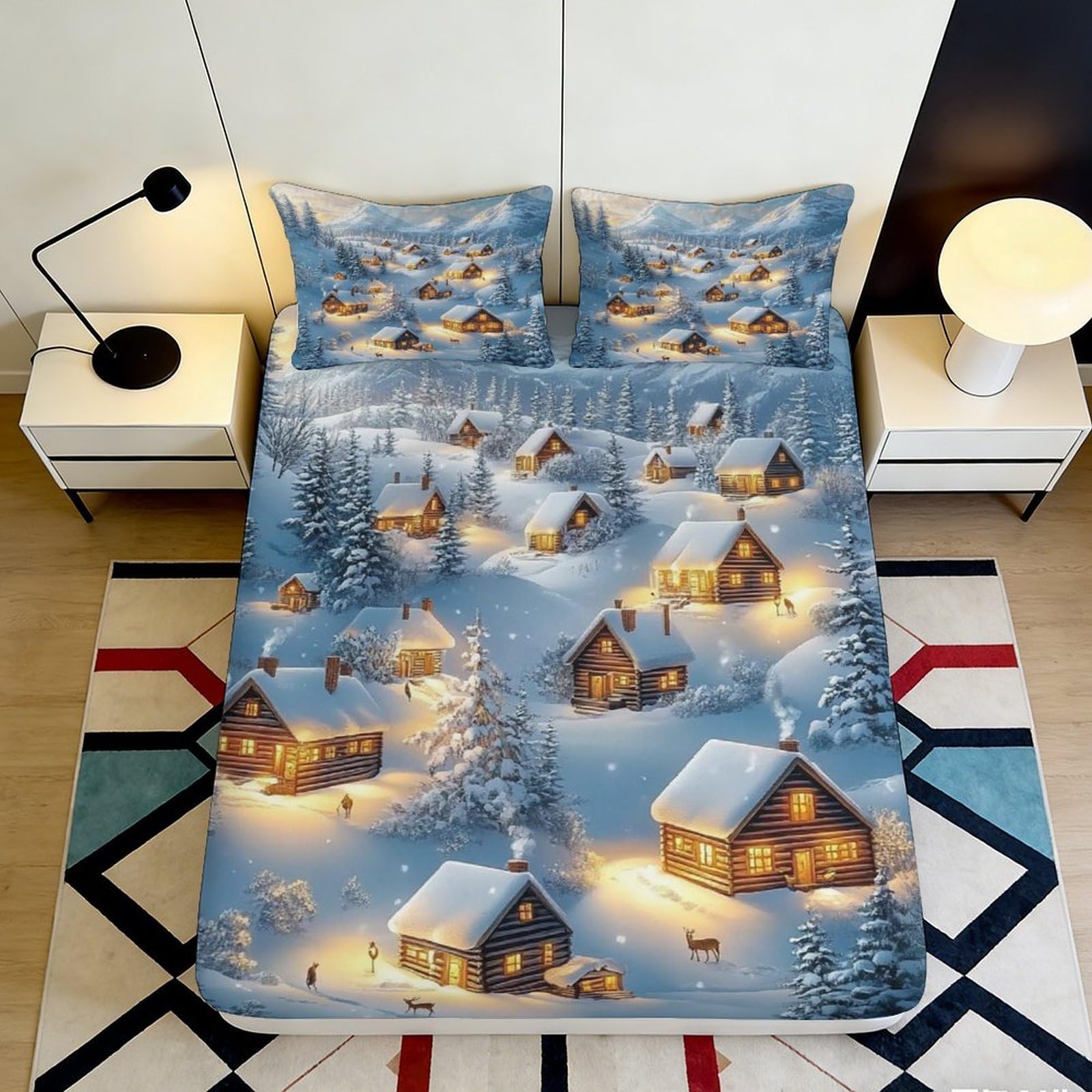 3D Printed Winter Village Fitted Sheet Microfiber Soft Snow Cabin Bed Cover for Bedroom Guest Room Mattress Protection Decor 200x200x25cm