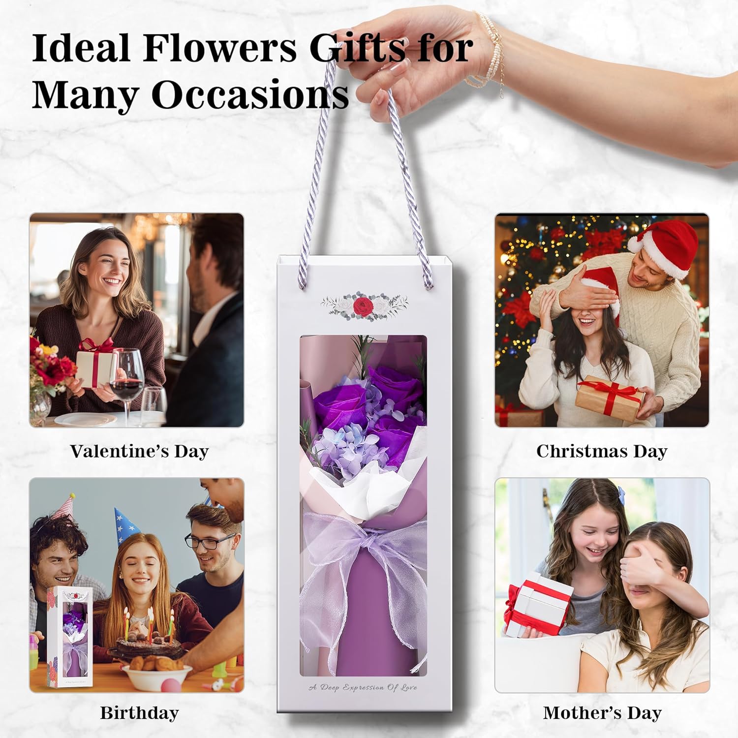 4 Flower Bouquets Set, Red Pink Blue Purple, Preserved Flowers Arrangement, Gift for Women