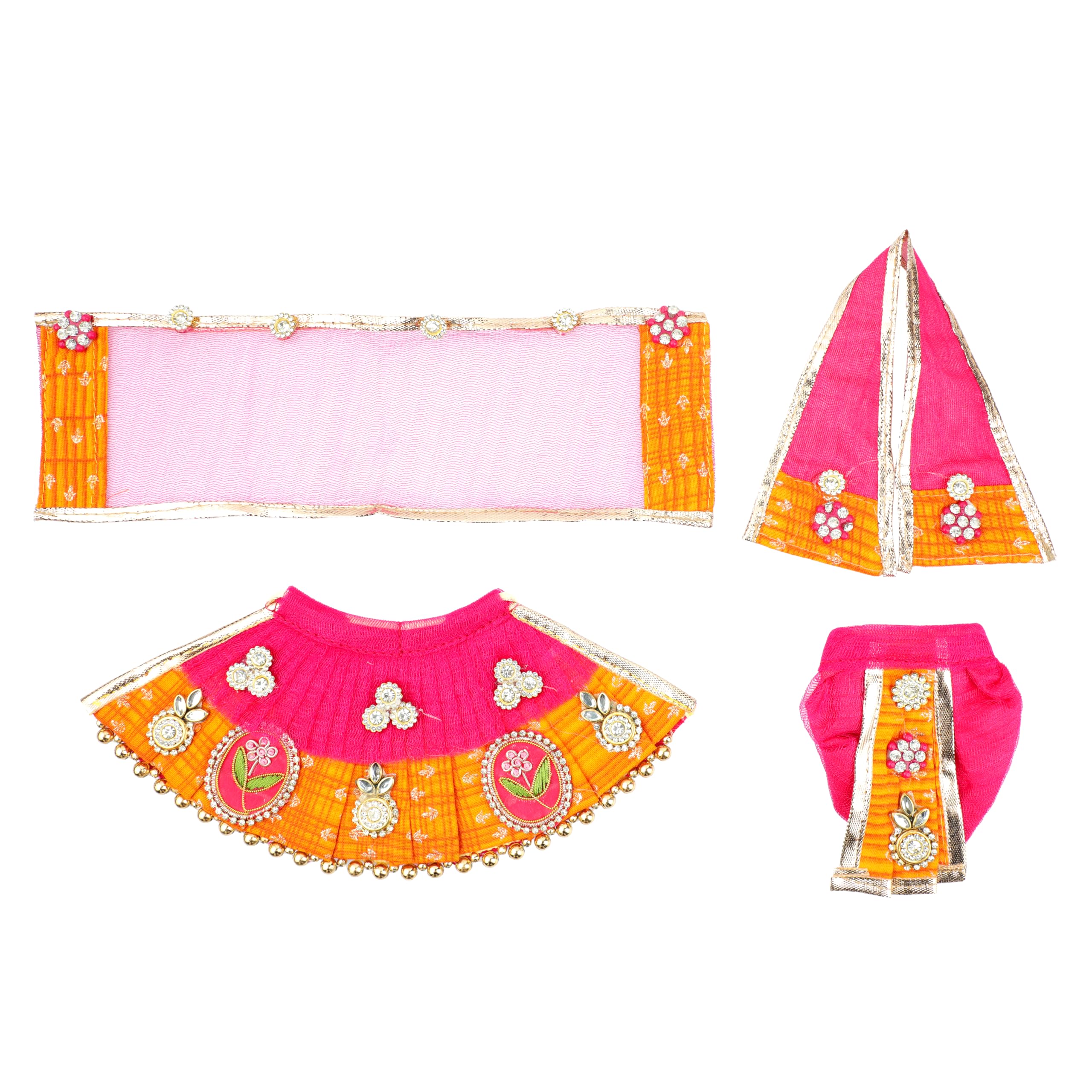 Laxmi Ganesh Dress vastra Poshak Cloth Lehenga Chunari Dhoti Puja Item samgari Radha Krishna Dress for Laxmi Durga Devi Idol Statues Indian Traditional Navratri Festival (Size:-4")(Orange,Pink)