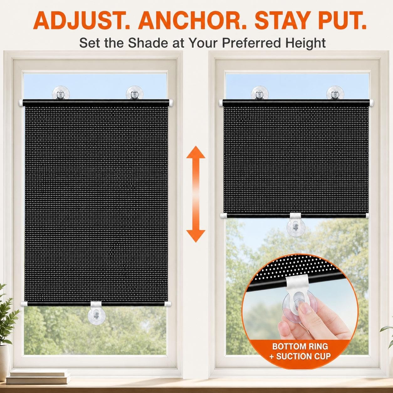 Store Enrouleur Tamisant sans Perçage avec 3 Ventouses, Store Réglable sans Cordon pour Fenêtre, Pare-Soleil Rétractable en PVC Anti-Éblouissement, Protection de l'Intimité(W 70 x 100 cm)