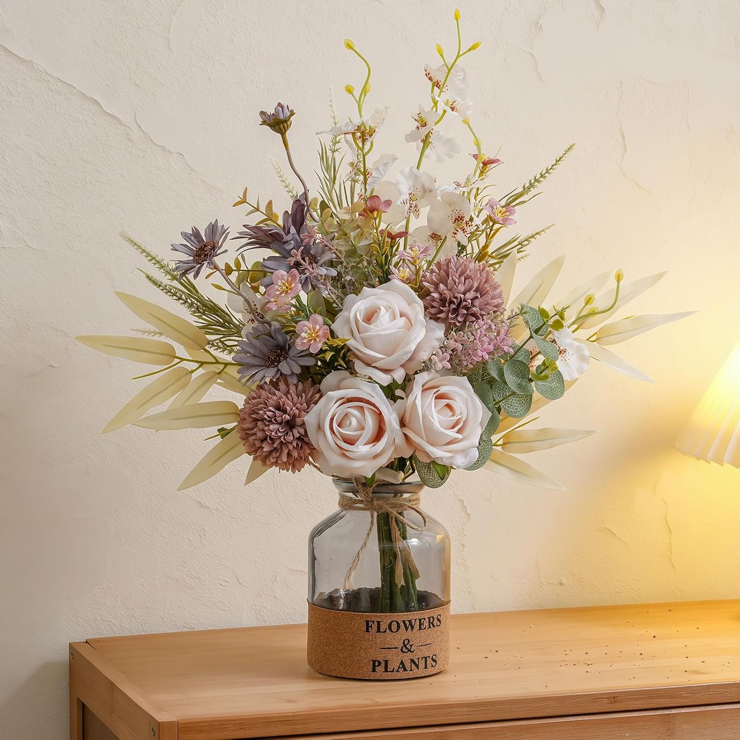 16-inch Artificial Fake Flowers Silk Table Arrangements Faux Plastic Floral Centerpieces for Home Kitchen with Roses, Dandelions, Chrysanthemum, Phalaenopsis, Eucalyptus, Sages, Orchids