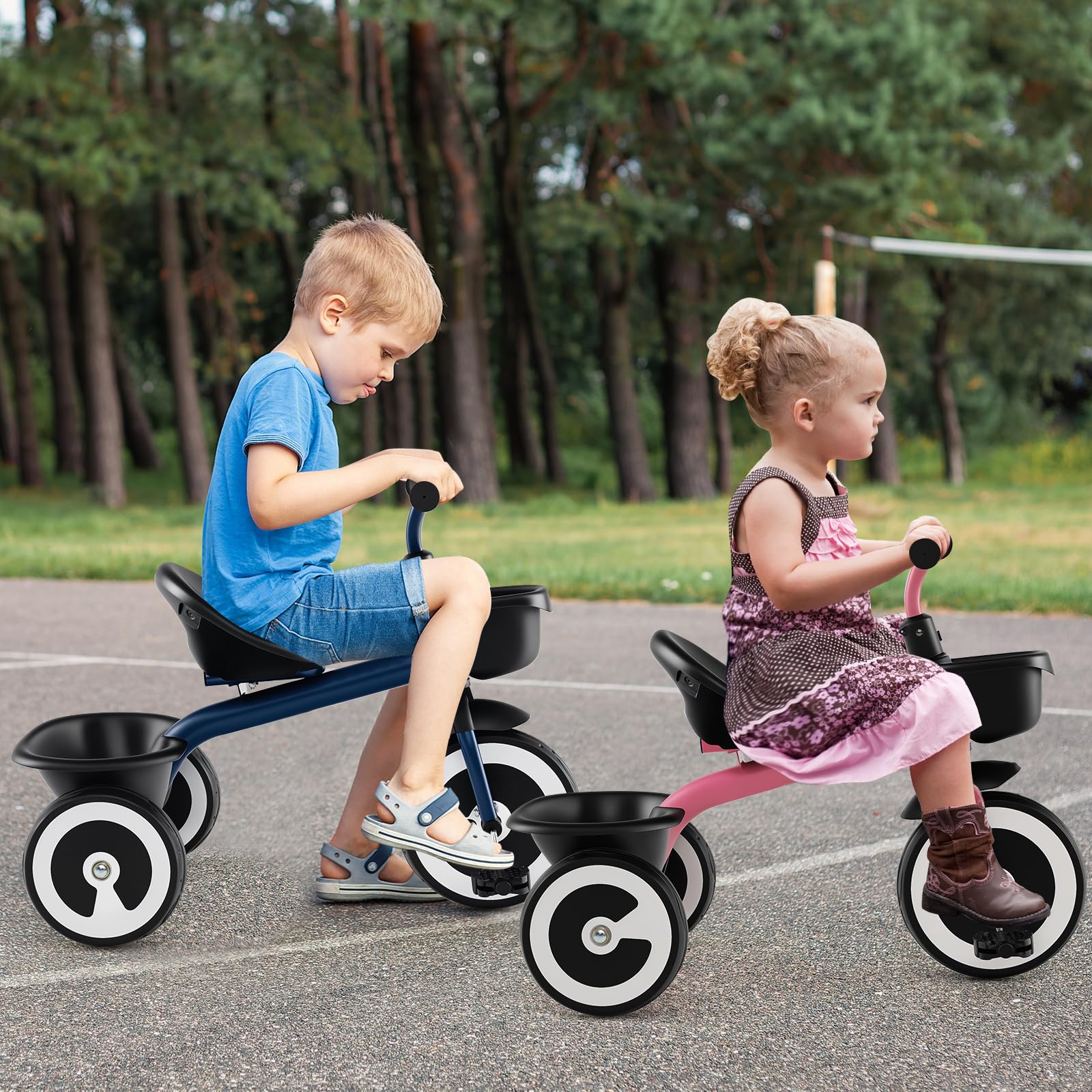 COSTWAY Triciclo per Bambini, Trike con Sede Regolabile Cestini Anteriori e Posteriori, Bicicletta a 3 Ruote con Telaio in Ferro Carbonioso di Alta Resistenza, per Bambini 1,5-5 Anni (Blu)