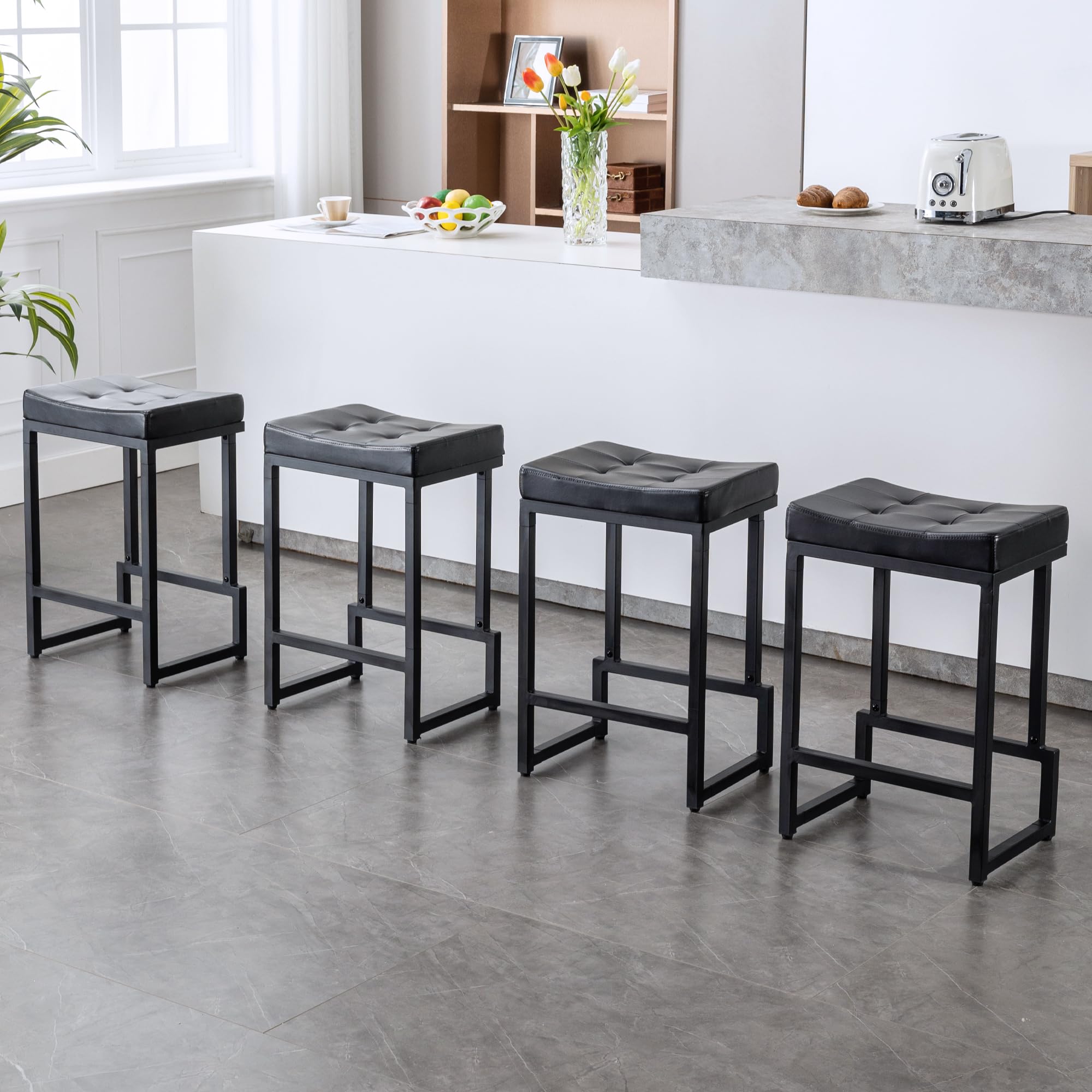 FIRAVOE Bar Stools Set of 4, 24" Counter Height Bar Stools, Faux Leather Barstools for Kitchen Island, Backless Saddle Stools with Metal Legs (Black,