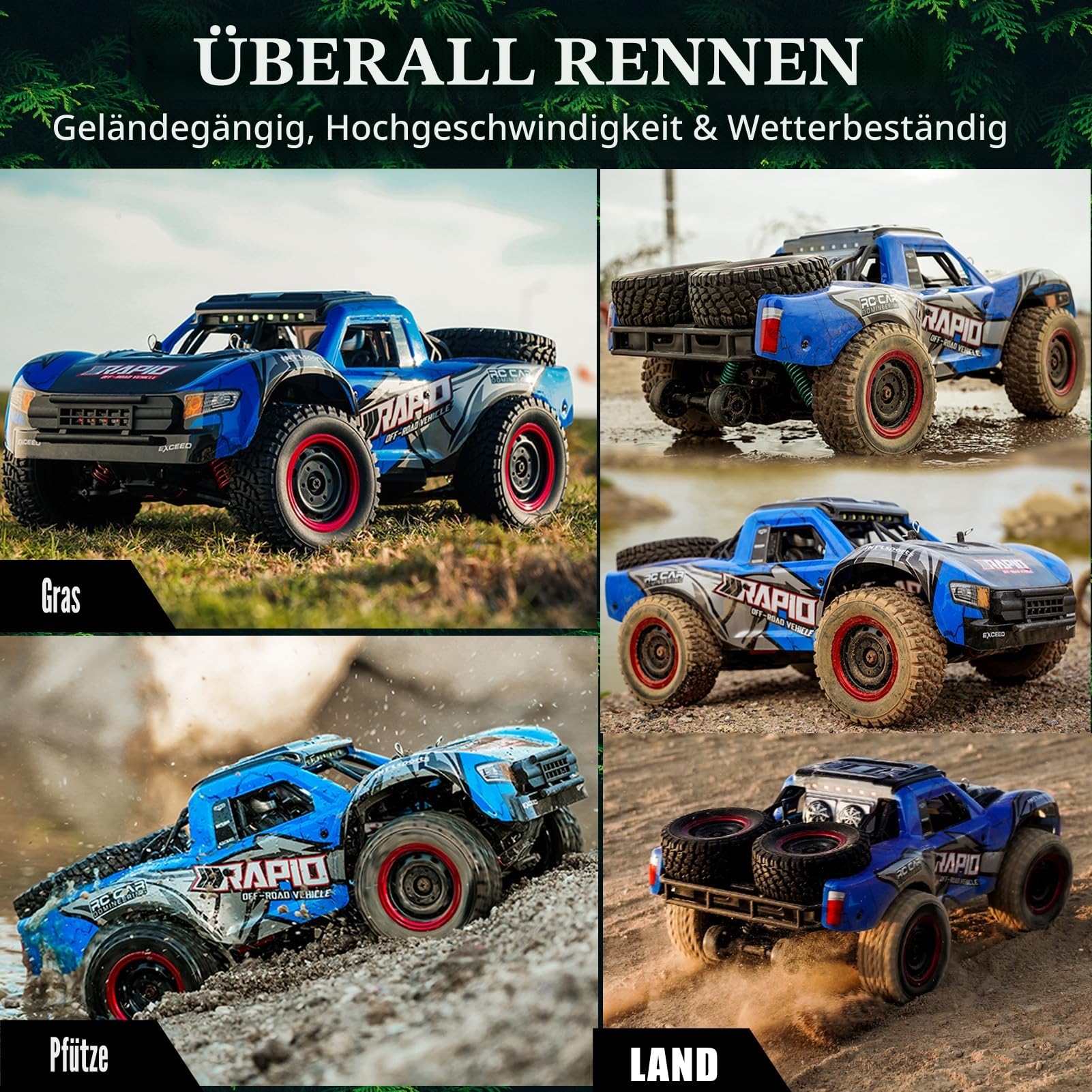Ferngesteuertes Auto 4WD RC Auto 1/14 50 km/h Offroad Geländewagen 2.4Ghz All Terrain Rennauto RC Buggy mit 2 Akku Ferngesteuert Monstertruck für Kinder und Erwachsene Spielzeug Geschenk Blau