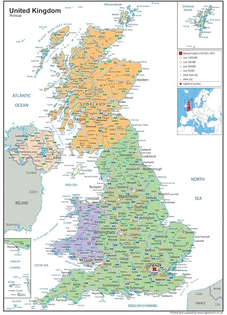 Political Map of the UK - Size A0-84.1 x 118.9cm - Paper Laminated
