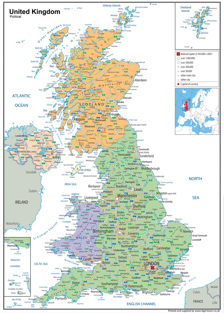 Political Map of the United Kingdom - Size A1-59.4 x 84.1 cm