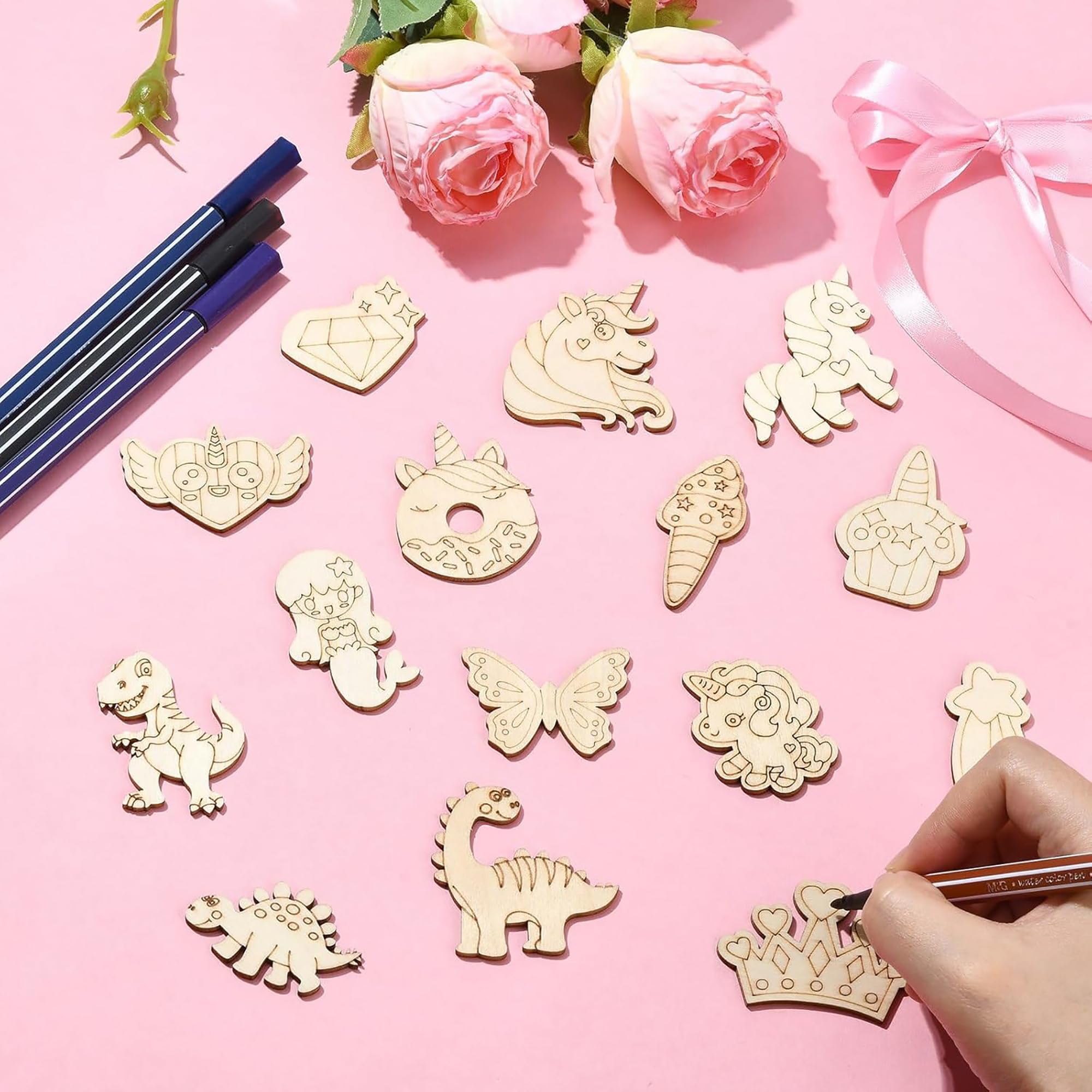 Cliths Pack of 28 Pcs Wooden Cutouts – Unicorn, Heart, Butterfly, Donut, Dinosaur Unfinished Craft Shapes for DIY Arts, Home Décor Wooden Painting Crafts 3