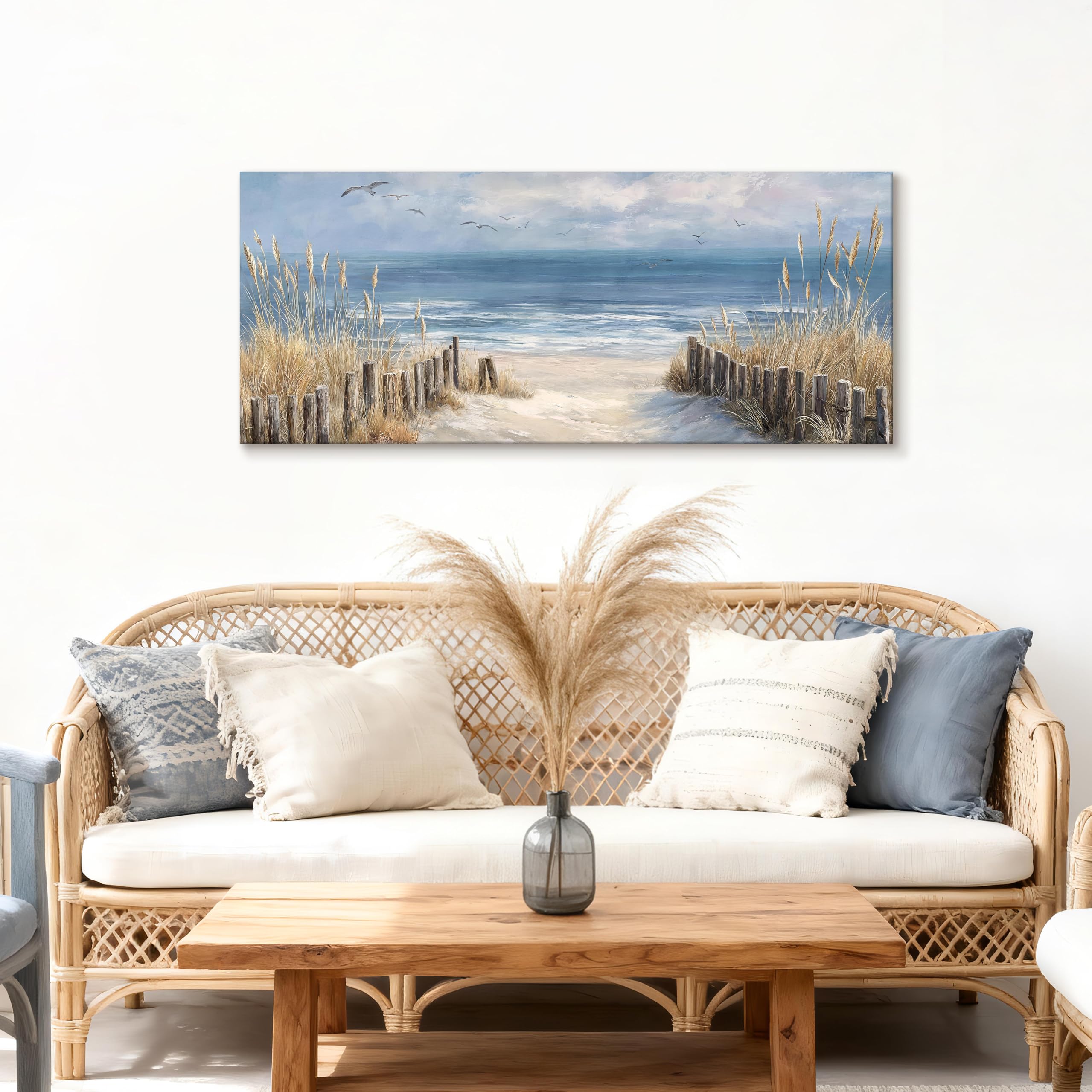 Marco de Madera Grandes Cuadros Decoracion Salon Costa Azul Océano Playa de Arena Pintura Paisaje Marino Juncos Gaviota Lienzo Decorativos Pintura Imagen Cuadros Decorativos Salon Dormitorio 50x120cm