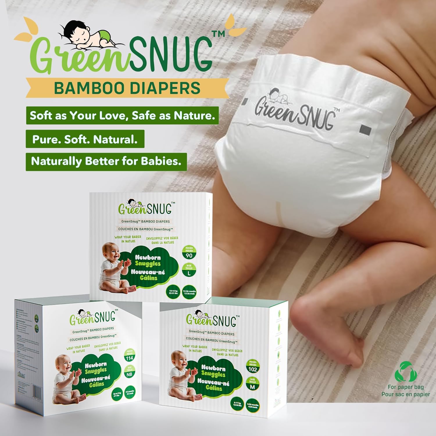 Green SNUG Bamboo Diapers, Size 2, Babies 4-24 Months (6-11 kg) – Bamboo Fiber Baby Diapers, Latex & Chlorine Free, with Wetness Indicator, Adjustable and Comfortable Fit for Babies