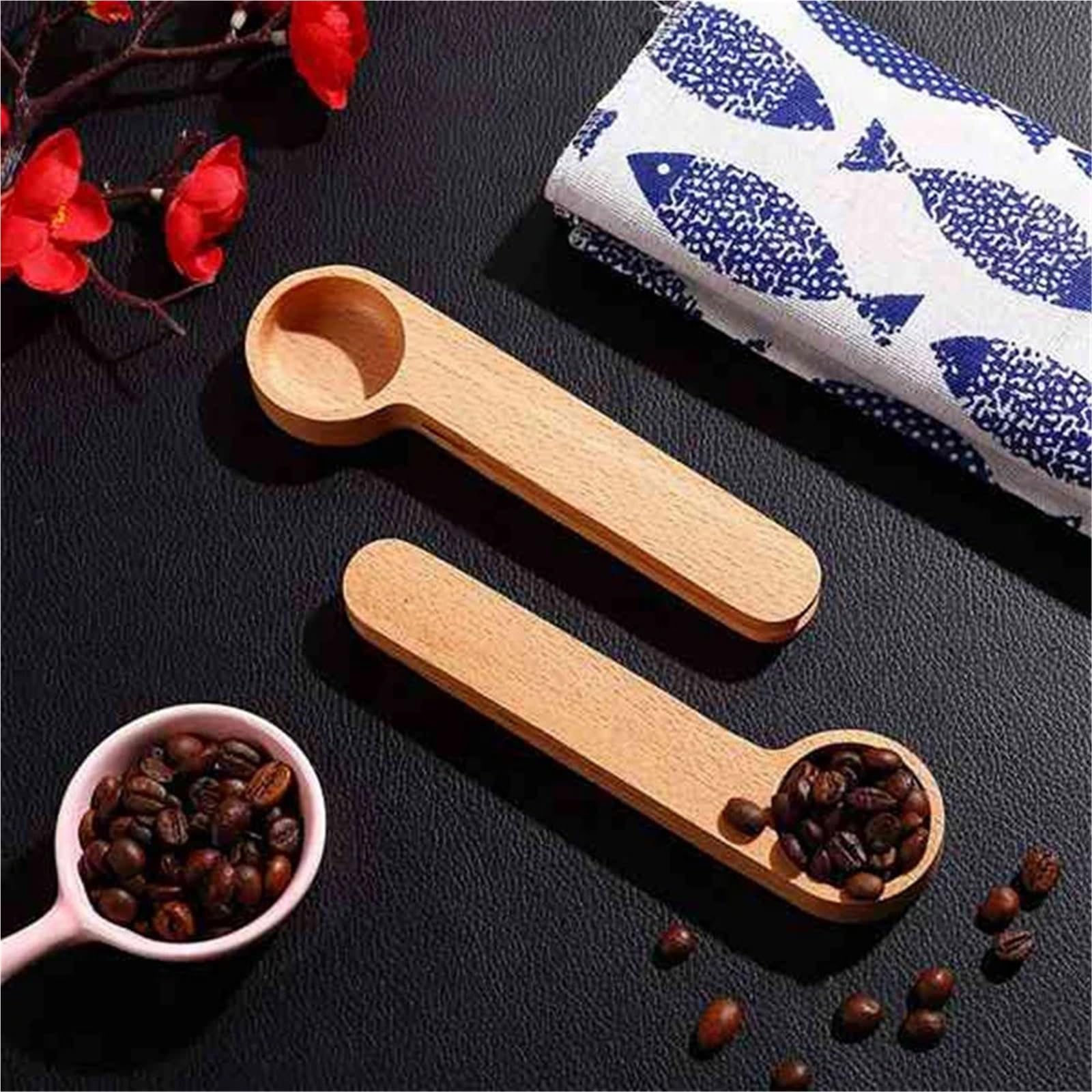 10 Stück Kaffeelöffel aus Holz und Beutelclip, Messlöffel, 2-in-1-Beutelversiegelung, Messung for Bohnen, Espresso, Tee