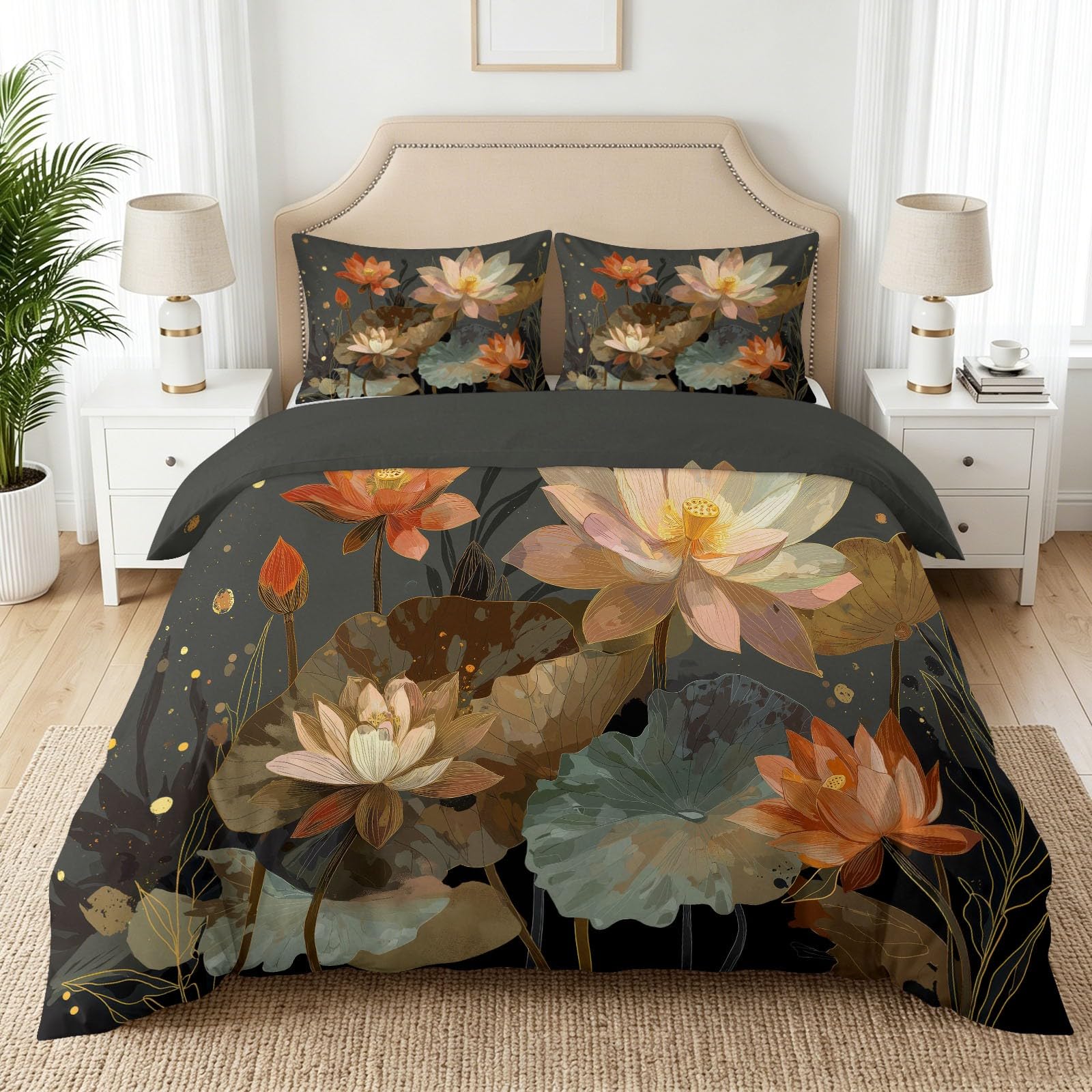 Parure de lit sombre plantes pour chambre d'enfant et adulte, housse 90x190 cm ambiance nature cosy