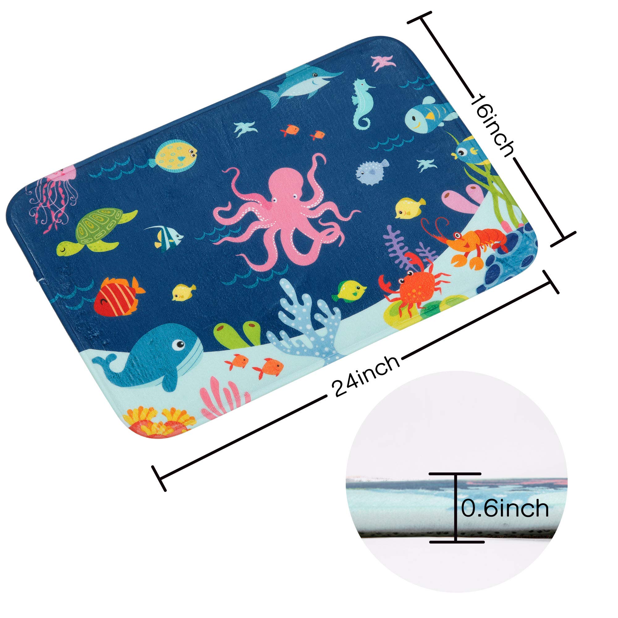 RosieLily Octopus Bath Mat, Super Soft and Absorbent Shaggy Plush Nautical Sea Bath Rugs for Kids, Cartoon Octopus Undersea Animals World Bathroom Rug Mat, Thicken, Non Slip, 24''X16''