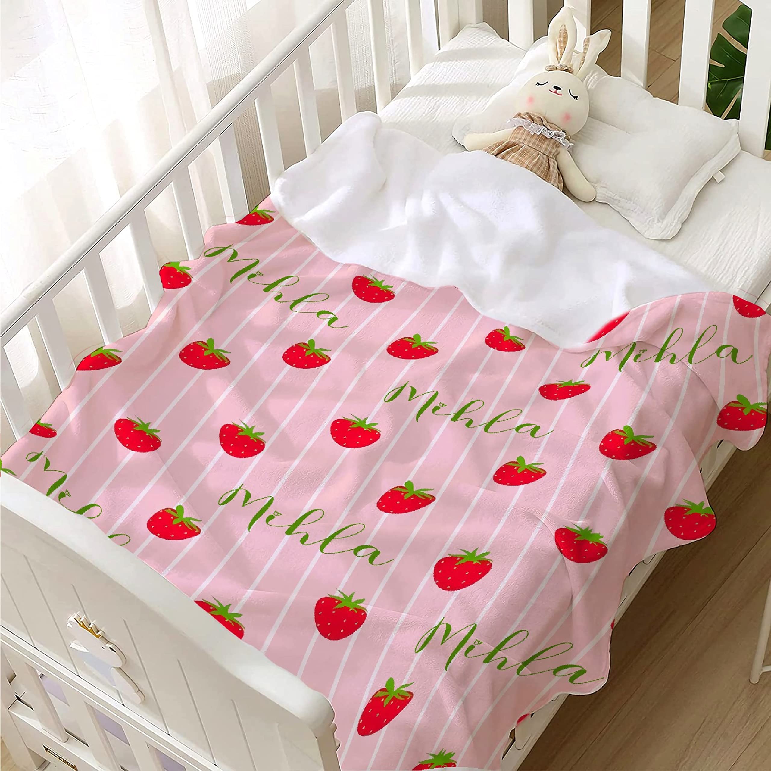 Todeyya Personalized Strawberry Custom Toddler Blankets for Girls Boys with Name Custom Newborn Receiving Blankets for Infant, Birthday, Nursery - Personalized Blanket for Dog Cat Gifts XS 40
