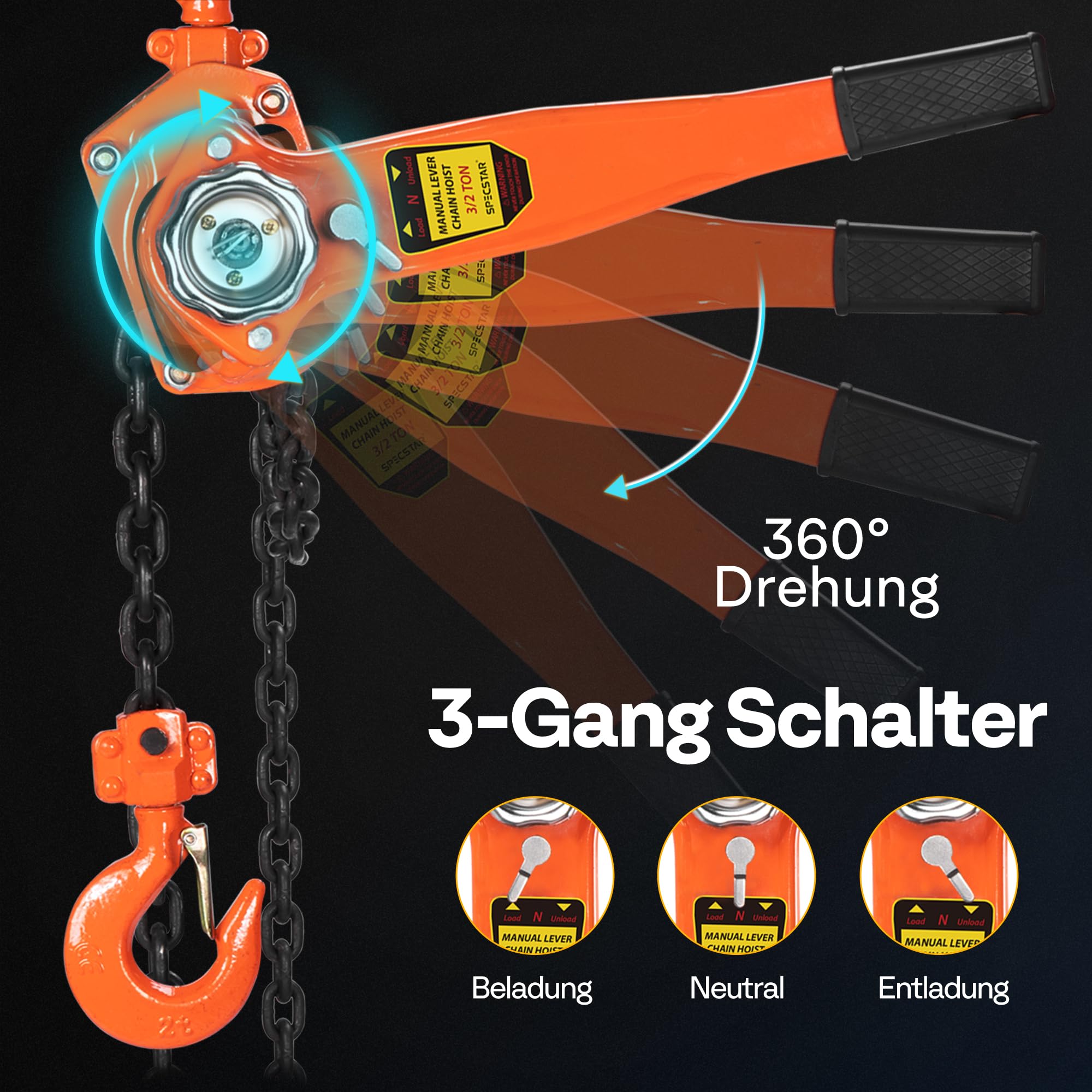 SPECSTAR Hebelzug 1500kg Manueller Kettenzug 360° drehbarer Haken G80 Manganstahl 3m Hubhöhe
