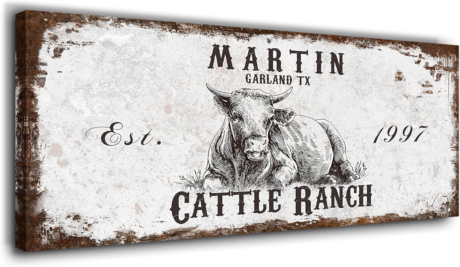 Rustic Cattle Ranch Sign Established Personalized Farmhouse Canvas Wall Art Custom Made Cattle Company Cow Decor Sign Family Room