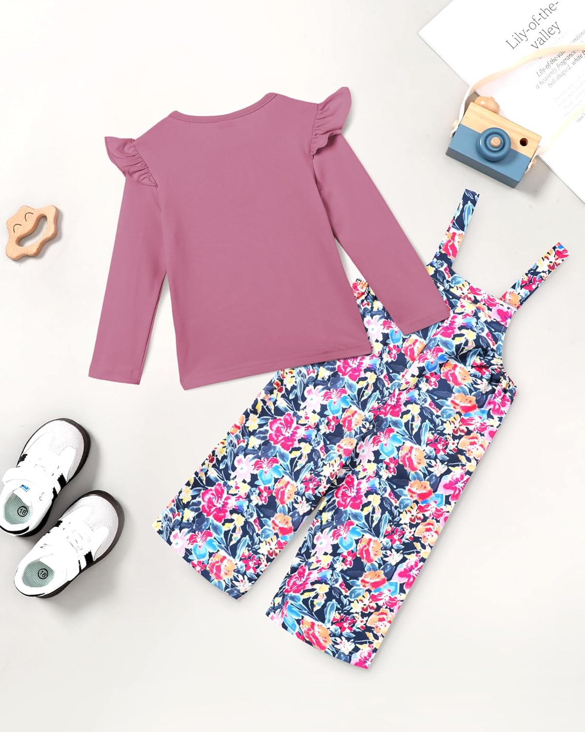 YUEMION Toddler Girl Clothes 2Pcs Baby Girl Outfit Fall Winter Clothing Floral Long Sleeve Top+ Overall Pants Set 18M-6Y - Image 4