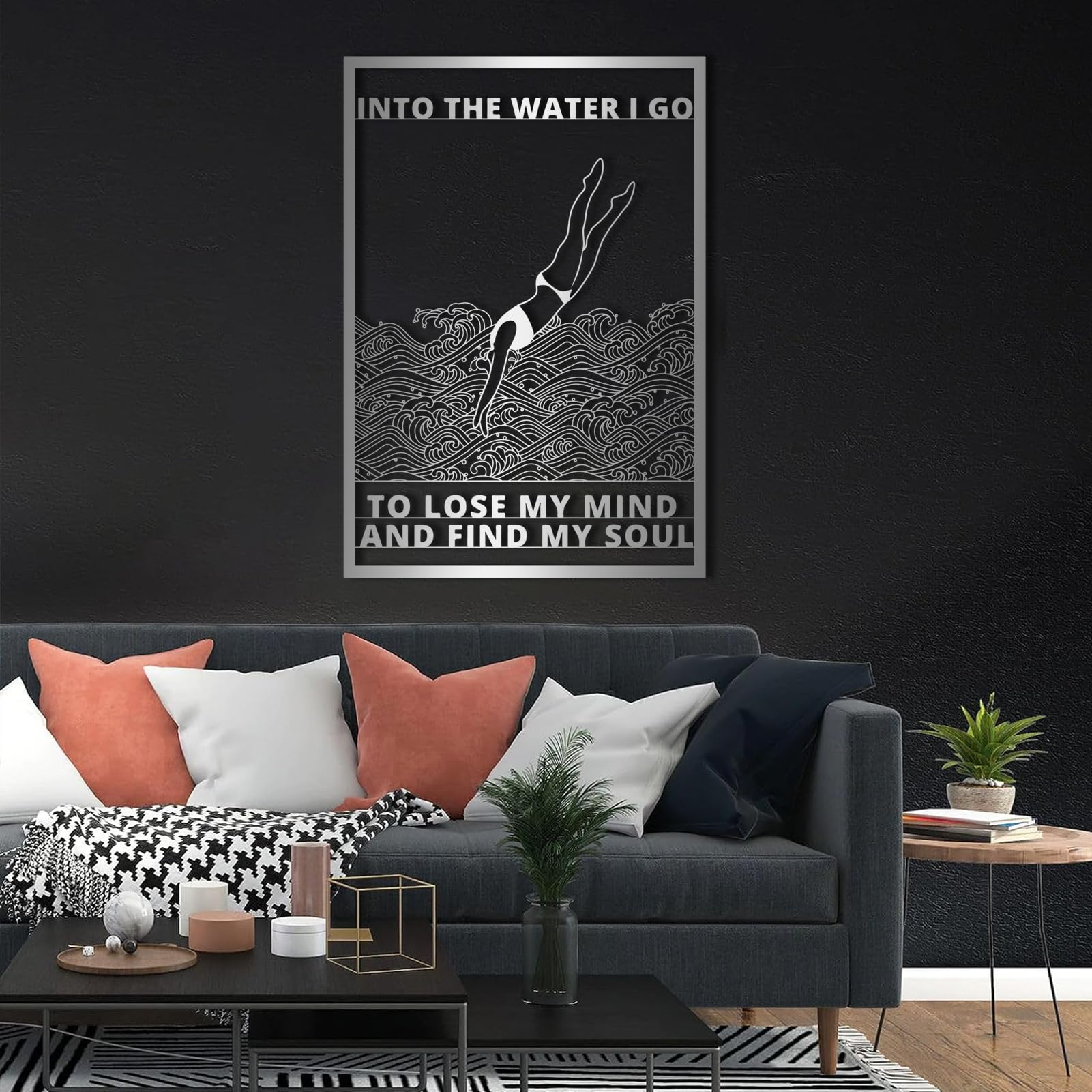 Nowoczesna minimalistyczna metalowa dekoracja ścienna z motywem tropikalnym do pływania i sportów wodnych, idealna do łazienki, salonu lub sypialni (biały, 62 x 43 cm)