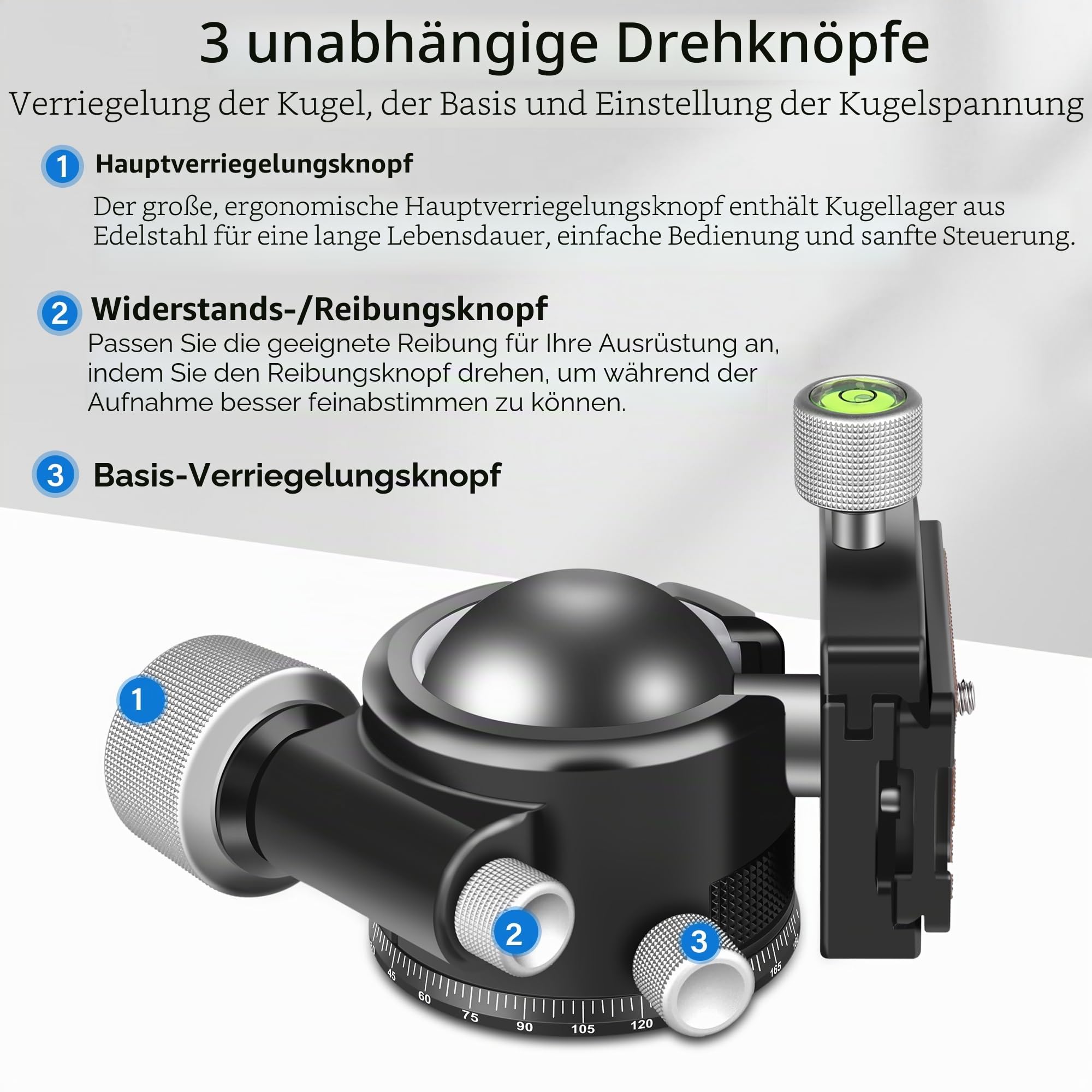 Low Profile Kugelkopf, ARTCISE KB44 Heavy Duty Stativkopf aus Vollmetall mit DREI 1/4" Schnellwechselplatten für Stativ, Einbeinstativ, DSLR, Camcorder, maximale Belastung 30 kg.