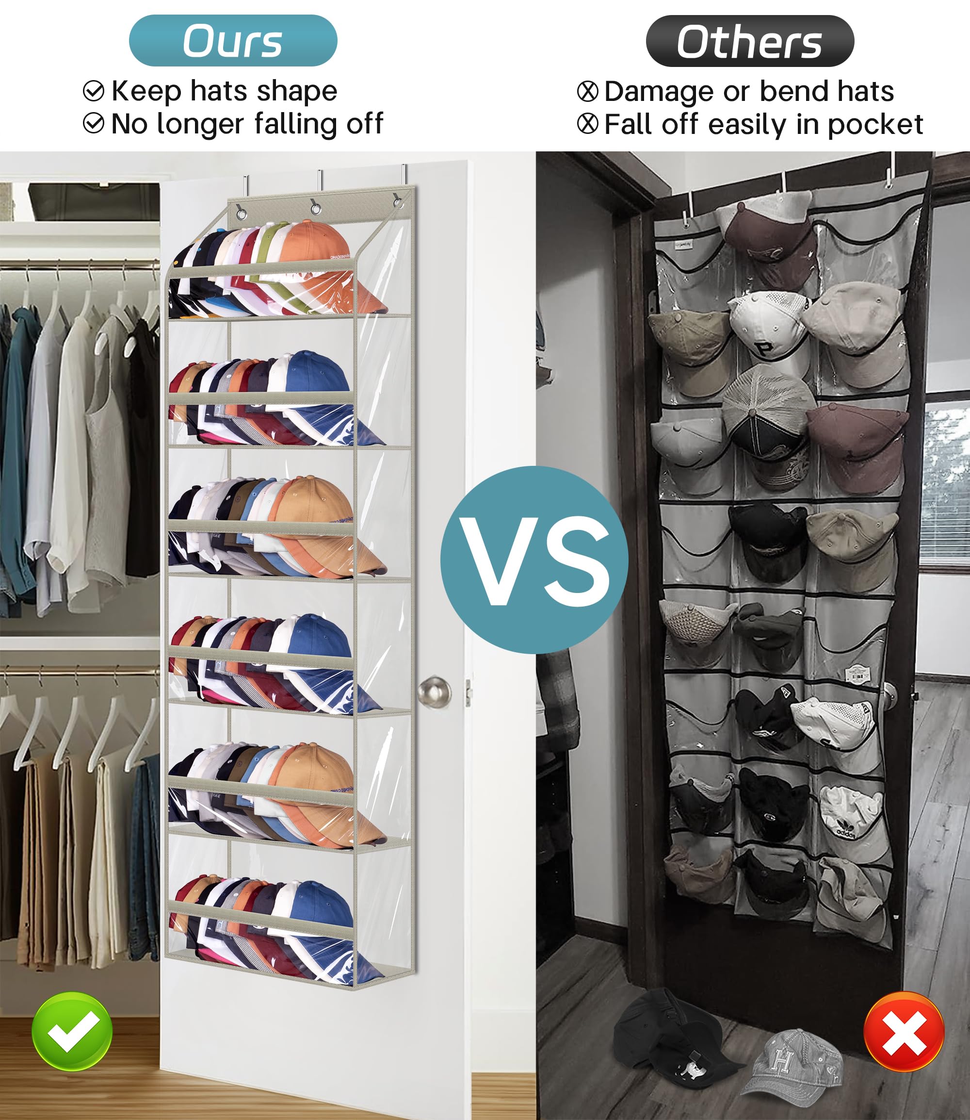 AOODA Clear Over the Door Hat Racks for Baseball Caps, Large Holds up to 72 Caps Hat Storage Organizer for Closet Wall, Deep Pockets Hanging Hat Holder Shelves with 3 Hooks, Grey