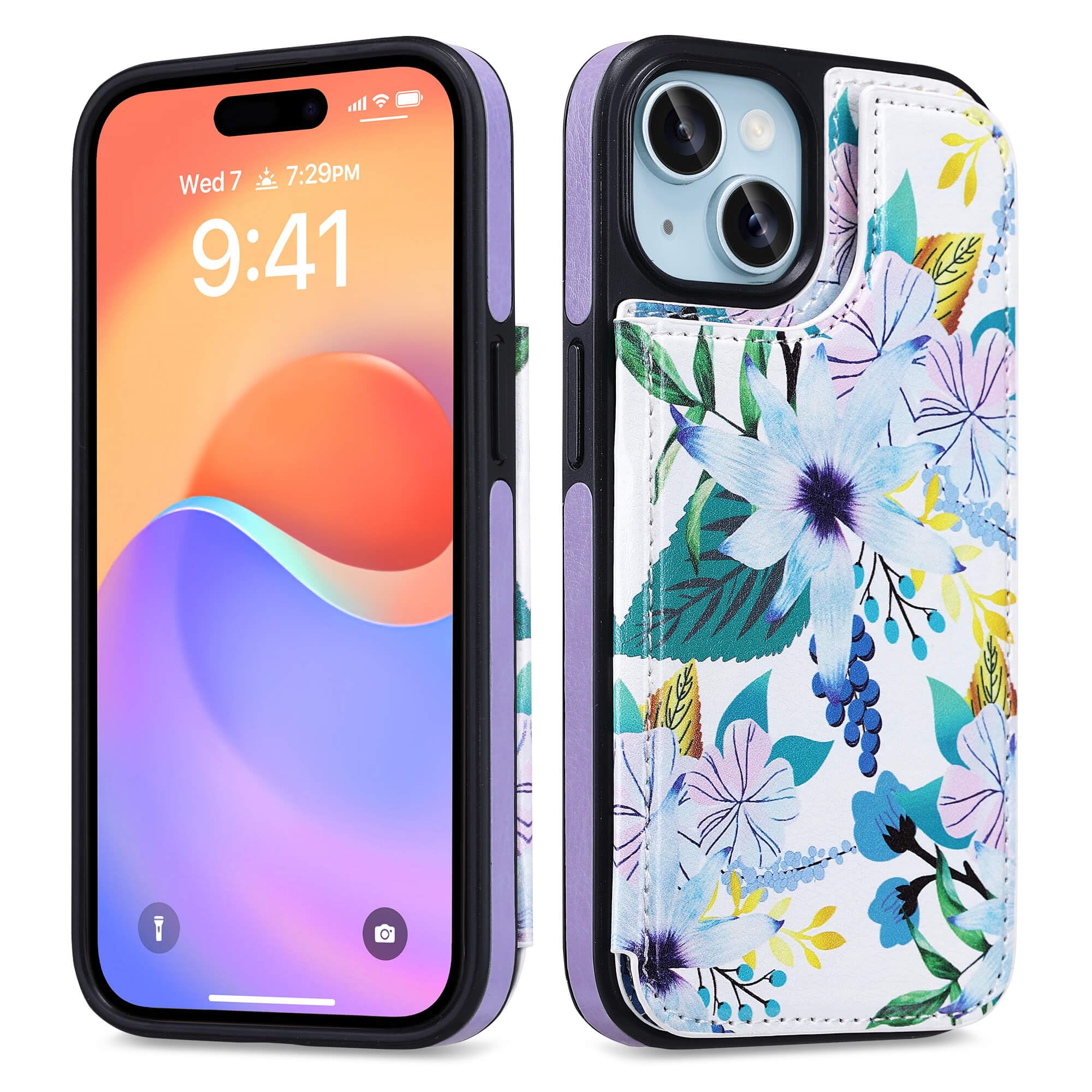 ULAK Compatible with iPhone 15 Wallet Case with Card Holder, Floral Flower Pattern Folio Flip Cover with Kickstand Card Slots for Women, Double Magnetic Clasp Purse Case 6.1 Inch, Blossom