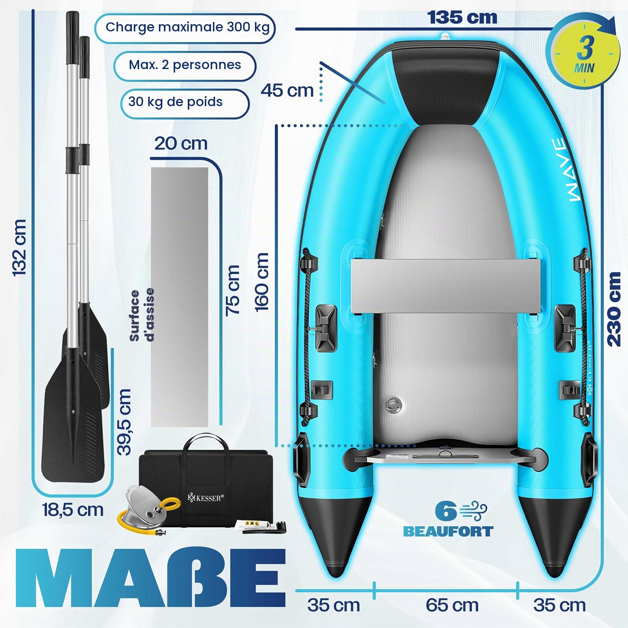 KESSER® Bateau gonflable Wave 230-380 cm Set de 6 pièces gonflables – Bateau + banc, pompe à air, pagaie, kit de réparation, sac, bateau de pêche, bateau à pagaie petit et grand – Combinaison moteur