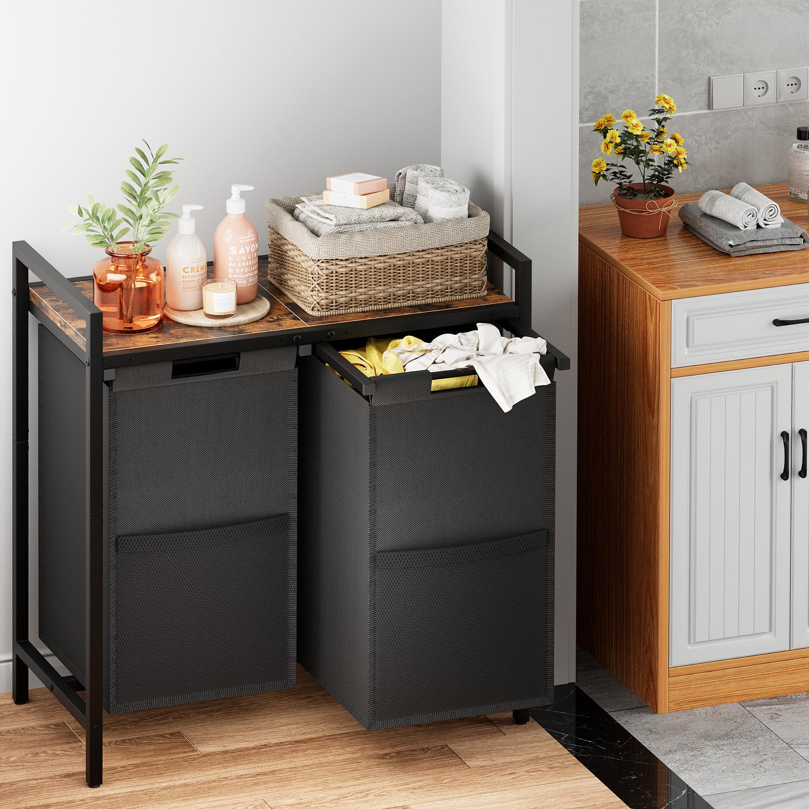 Wäschekorb Schwarz mit ablage 2 Fächer, Wäschesammler mit Ablage, wäschesammler Wäschesack Waschesammelbox aus Oxford-Laundry Baskets,Metallrahmen, 2 x 46 L, 73 x 33 x 72 cm