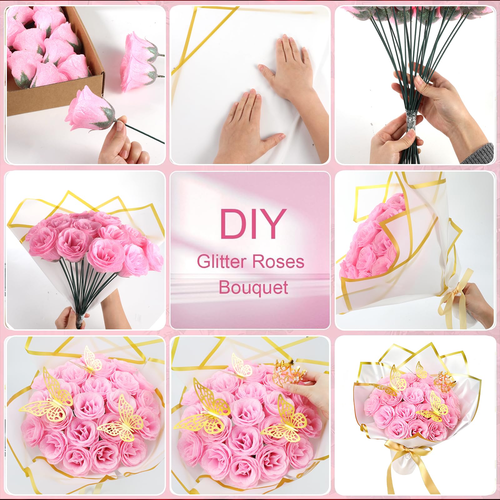 MWOOT 24 Piezas Ramo de Rosas con Purpurina, Ramo de Flores Artificiales para Bricolaje con Rosa Falsa con Purpurina Rosa Corona Mariposa 3D, Regalo de Ramo para San Valentín Boda Día de la Madre
