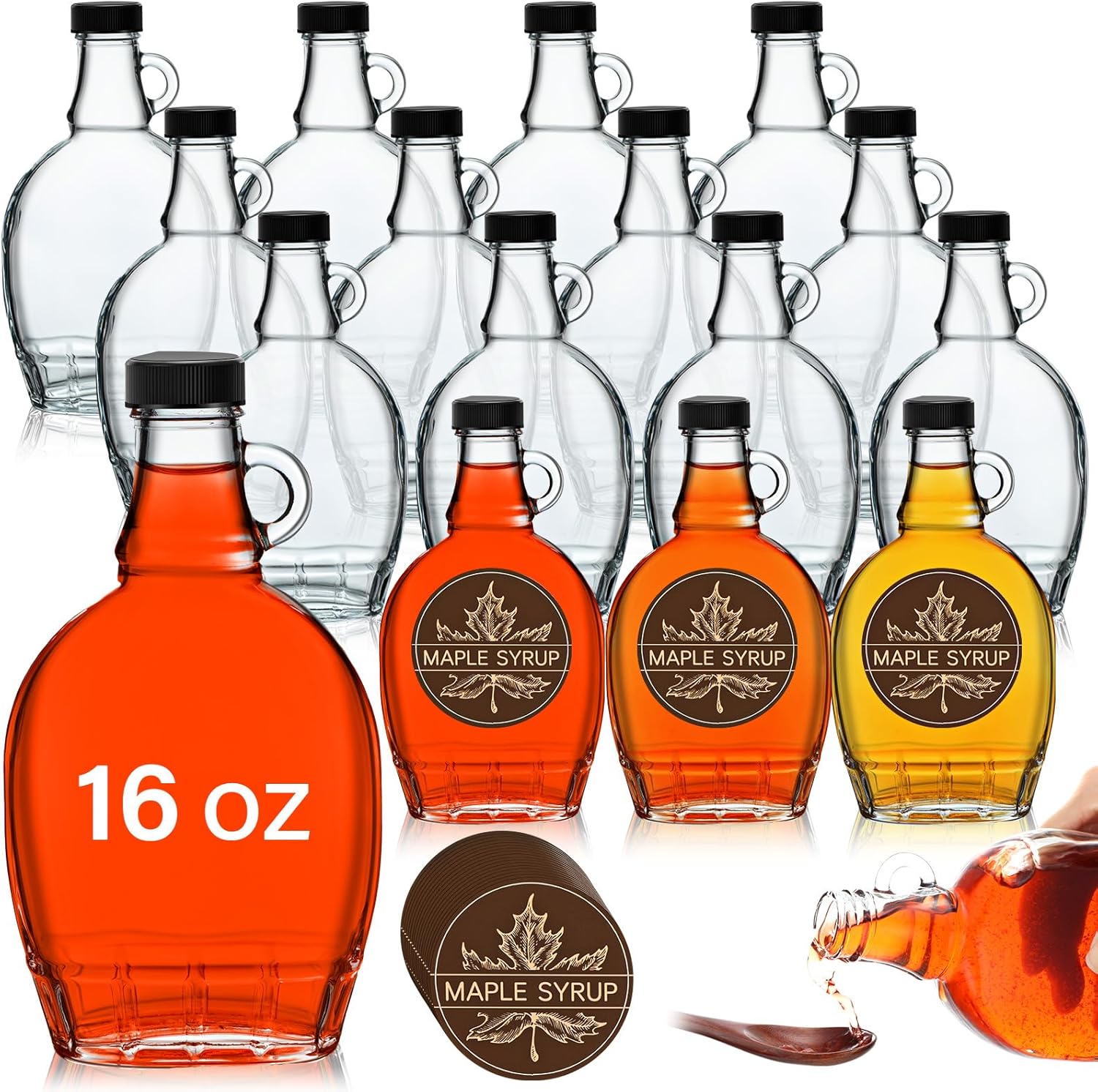 12 Pcs Glass Maple Syrup Bottles Clear Reusable Glass Bottles with Lids Loop Handle and Maple Syrup Stickers Jars Container for Milk Potion Juice Sauce Oil Storage Gift(16oz) 16 Ounces