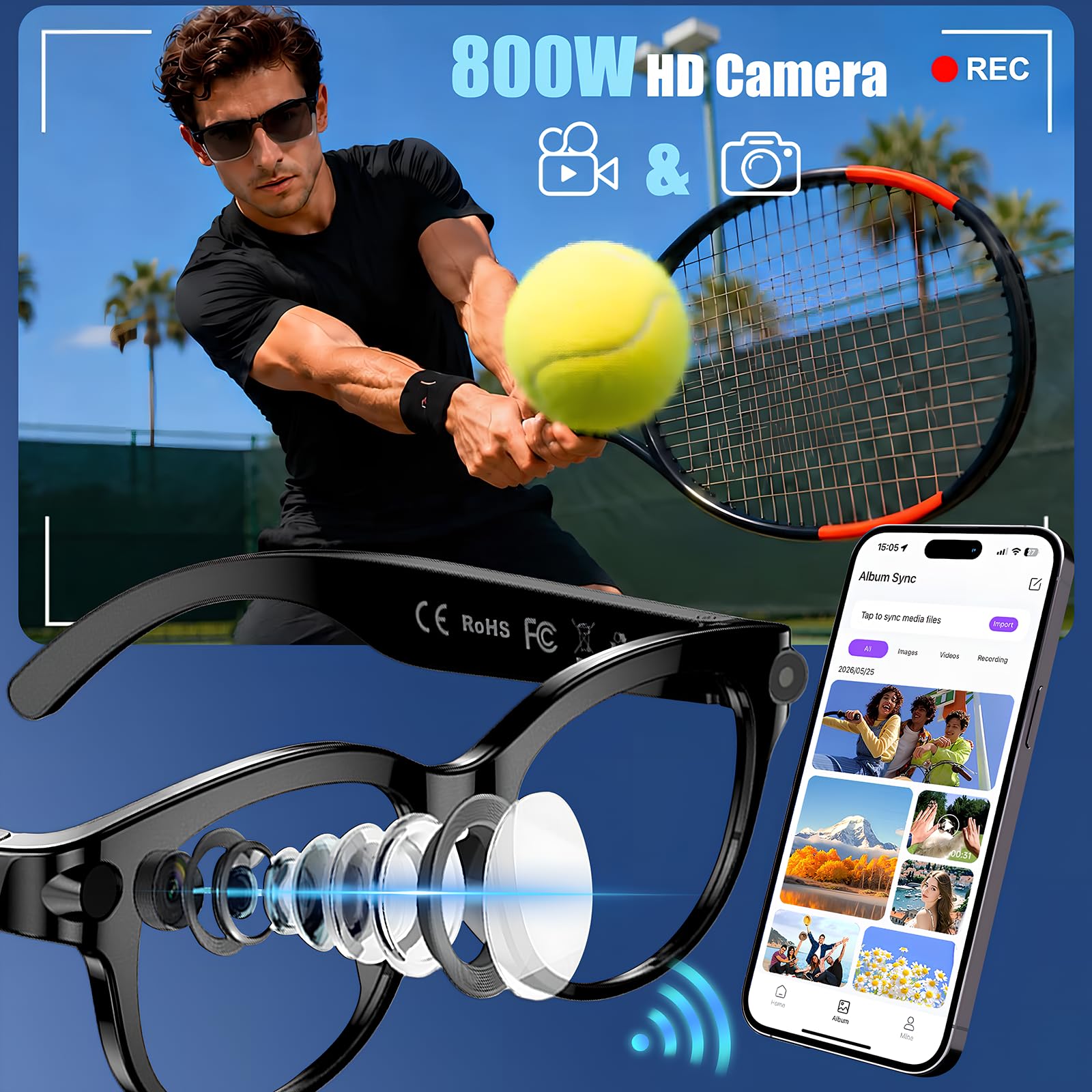Occhiali Intelligenti con Telecamera 8 MP, Occhiali Smart 3 Lenti Colorate | Registrazione Foto/Video/Audio, Traduzione in Tempo Reale, Assistente Vocale e Riconoscimento Degli Oggetti
