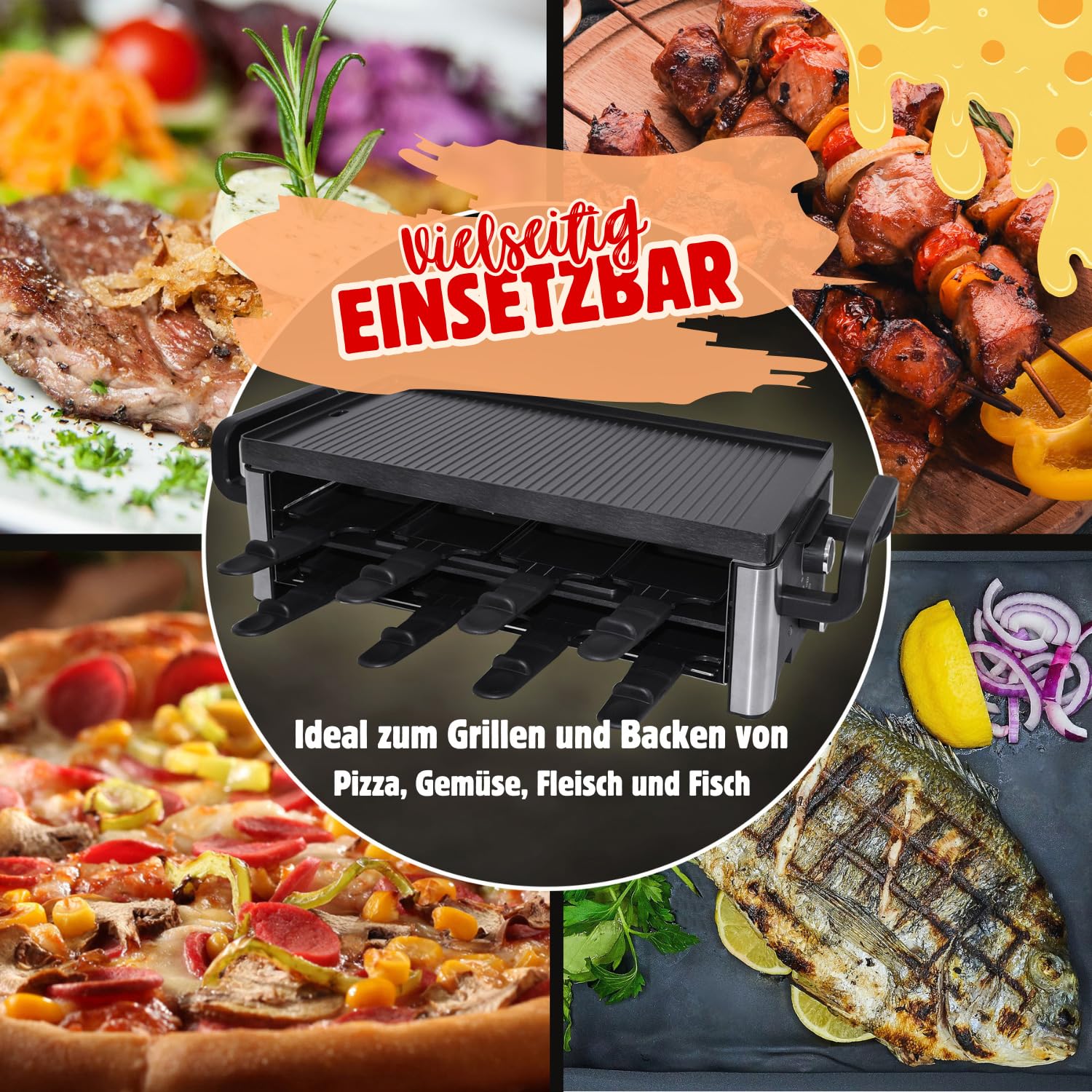 Syntrox 16 Personen Raclette | Tischgrill | Pizzagrill | Pfännchen | emailliert, für große Gruppen, Robust und langlebig, Edelstahl, Schwarze Optik