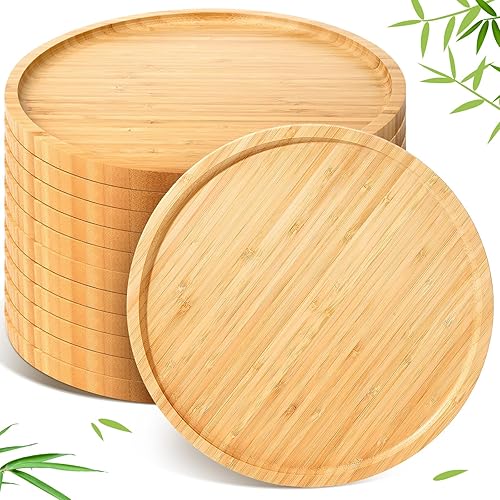 12 bandejas de bambú redondas de bambú, platos redondos de madera, platos de madera para servir charcutería con borde para encimera de cocina, mesa