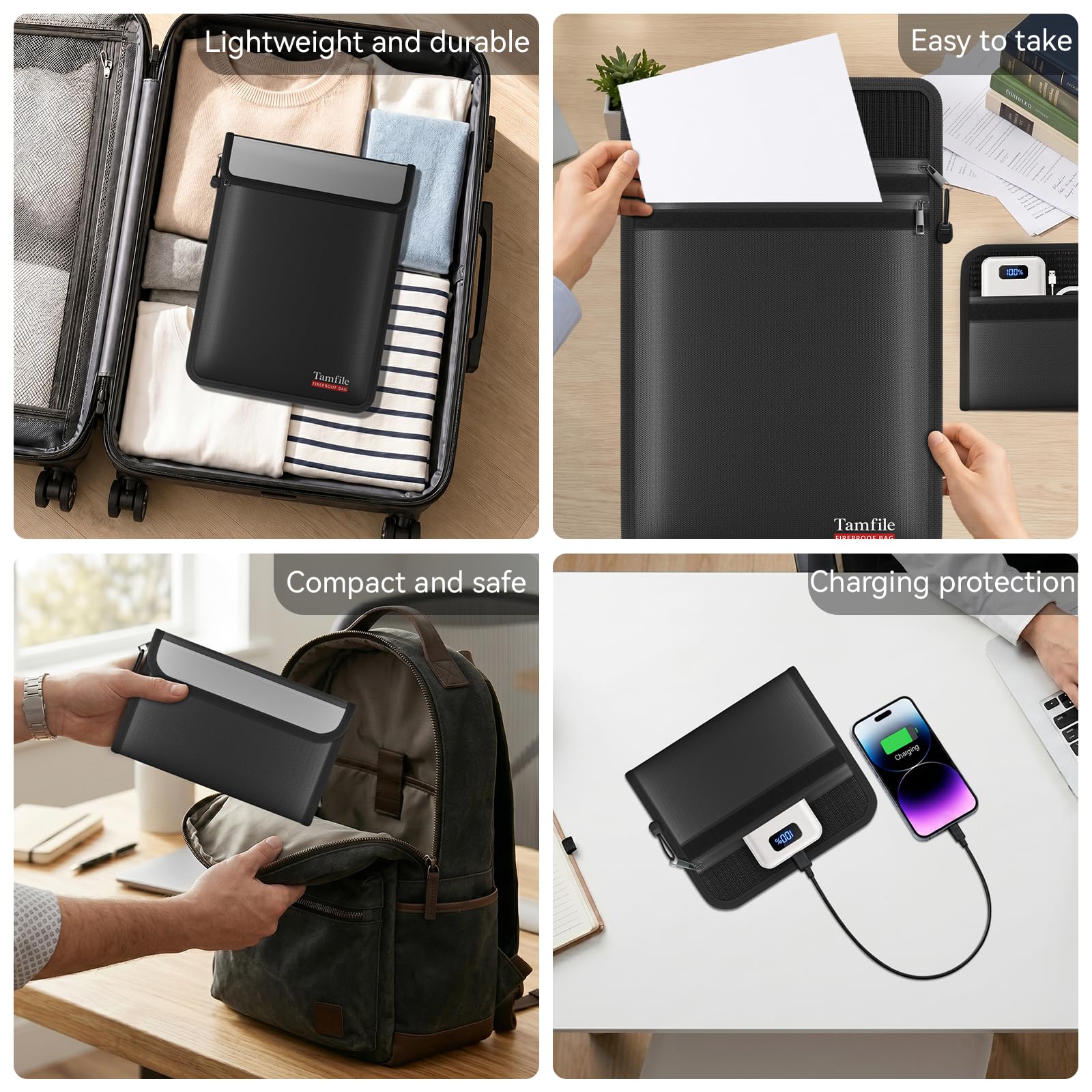 Tamfile Borsa per documenti ignifuga, con 2 sacchetti da viaggio ignifughi | Resistente al calore, impermeabile, 8 strati, sicuro, per documenti importanti, contanti, oggetti di valore, nero