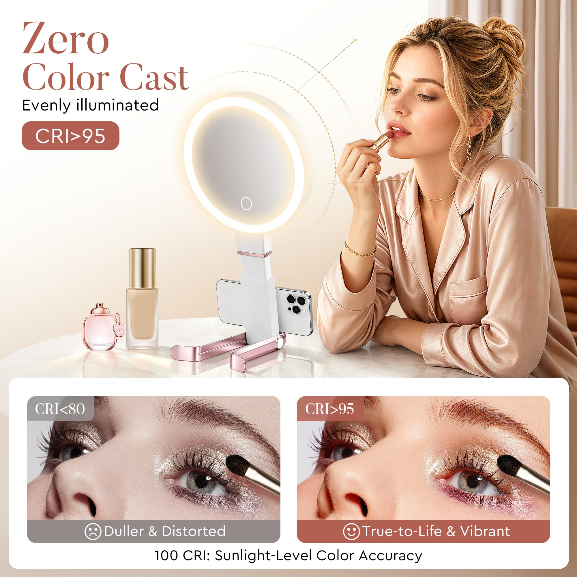 MIYADIVA Specchio da trucco da viaggio con luci, regolabile in altezza 30X/1X, specchio ingranditore a doppia faccia, specchio portatile con display digitale e supporto per telefono, da appendere al