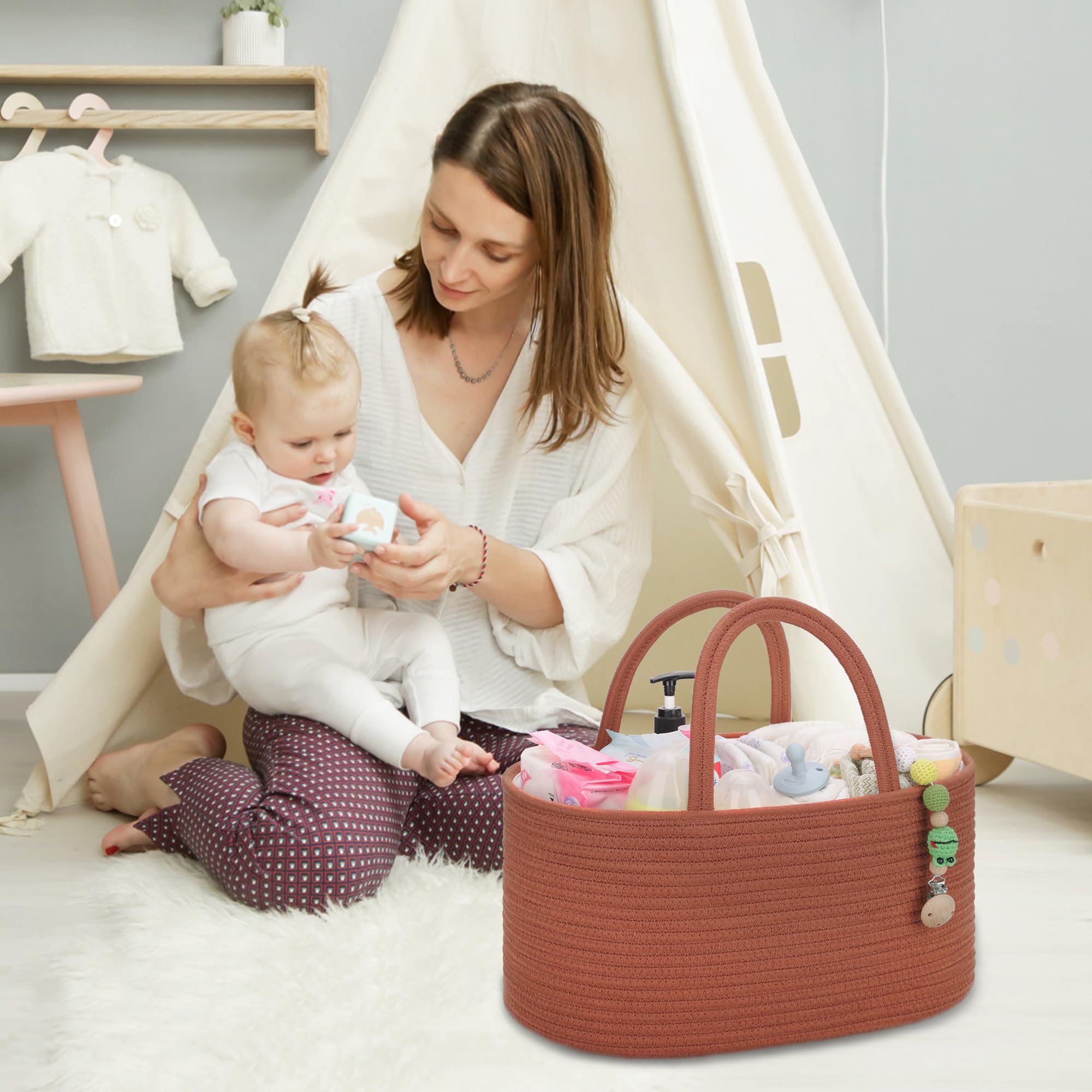 COMSE Large Nappy Caddy Organizer for Girl Boy Baby Car Diaper Caddy with Handles, Cotton Rope Diaper Basket - Image 3