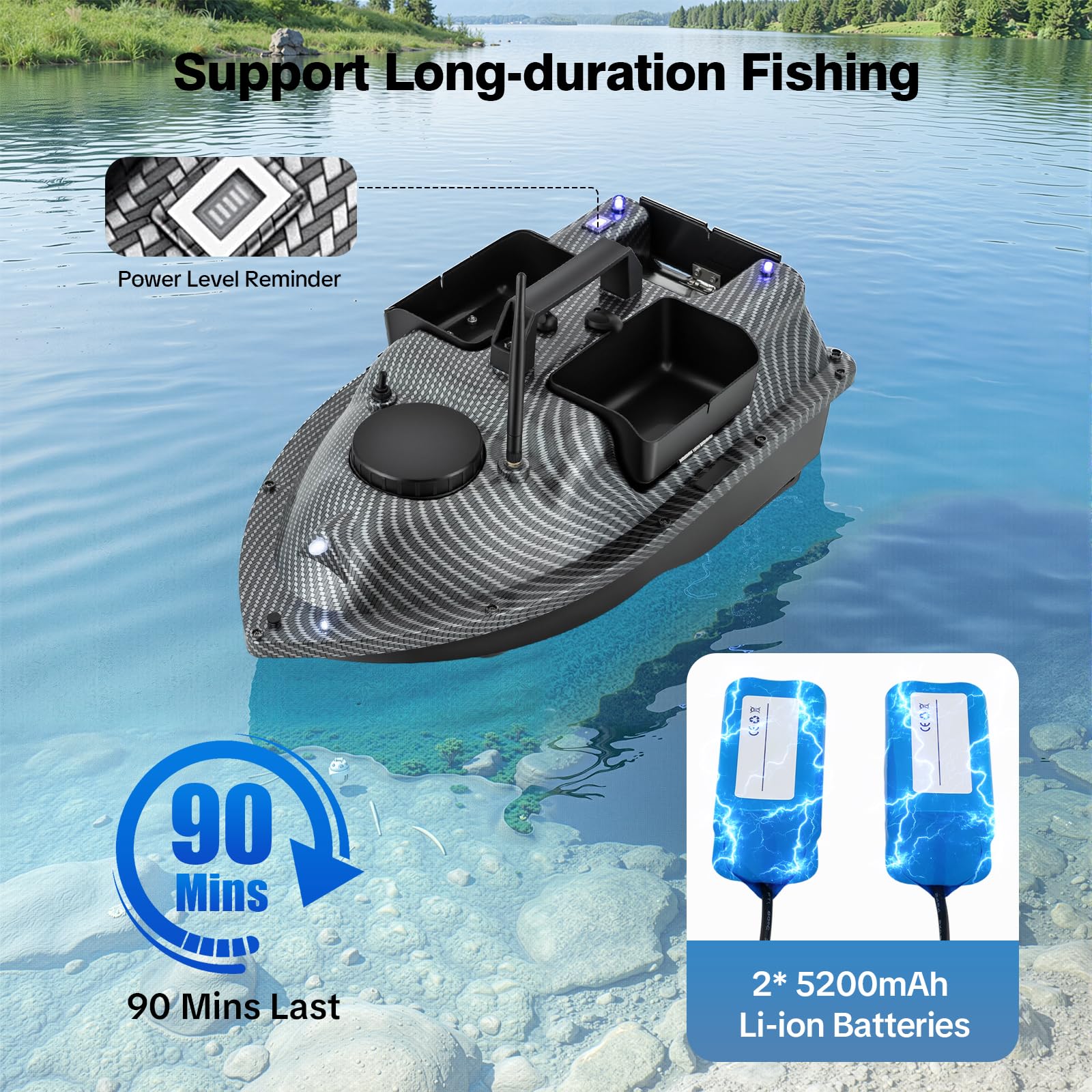 Angeln Futterboot mit GPS 500M RC Köderboot mit 3 Köderboxen | aus ABS | 16 Positionierungspunkte | LED Nachtlichtern | 2 x 5200mAh Batterie | Fernbedienung Angeln für Flüssen, Seen