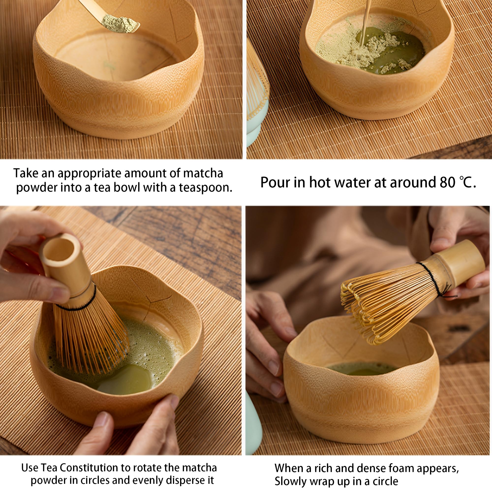 WYFCR 4PCS Matcha Schneebesen Set, Matcha-Teeset mit Schneebesen und Schüssel, Matcha Löffel, Schneebesenhalter, 510 ml Holzschale mit Ausgießer, handgefertigtes Matcha-Set zum Teetrinken