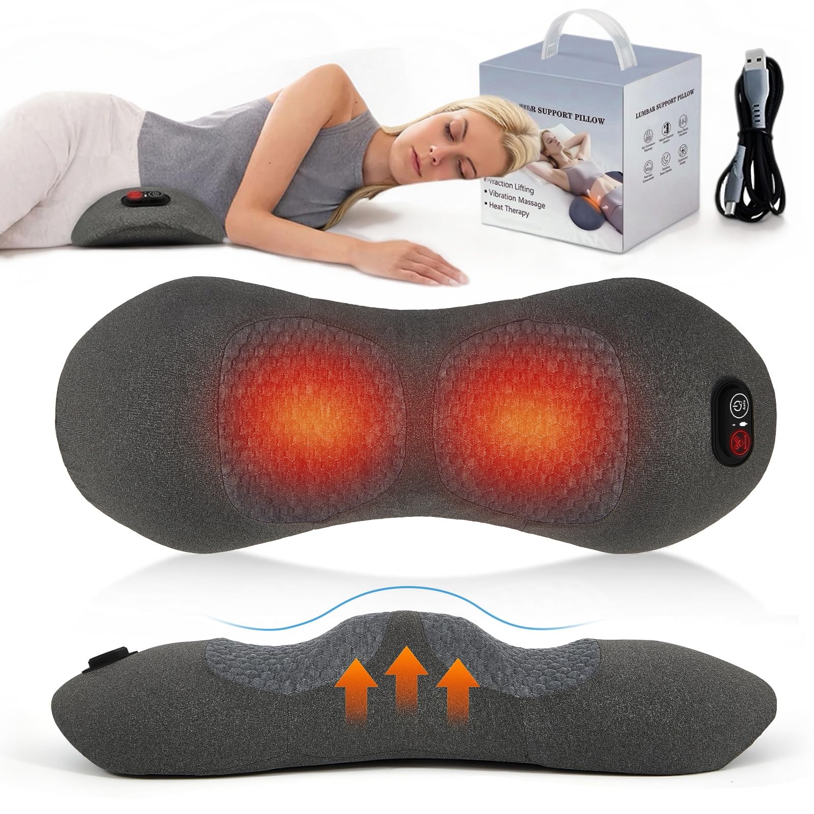 3-in-1 Lumbar Massage Pillow with Heat - Sciatica Pain Relief &amp; Spine Decompression Device, Deep Tissue Massager for Lower Back Pain, Office Chair and Home Use for Chronic Sufferers