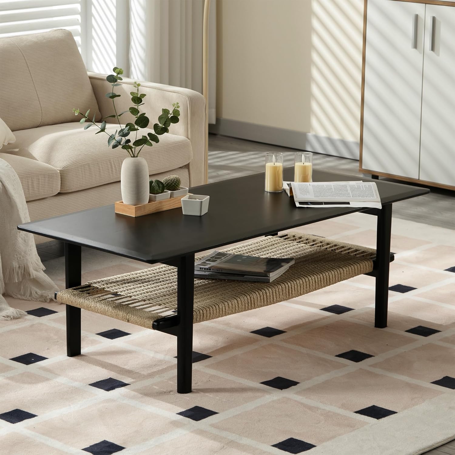 Kmax Coffee Table with Storage, Black Coffee Table Farmhouse Living Room Tables Rectangular Center Table with Rope Woven/Rattan Storage Shelf for Living Room Reception