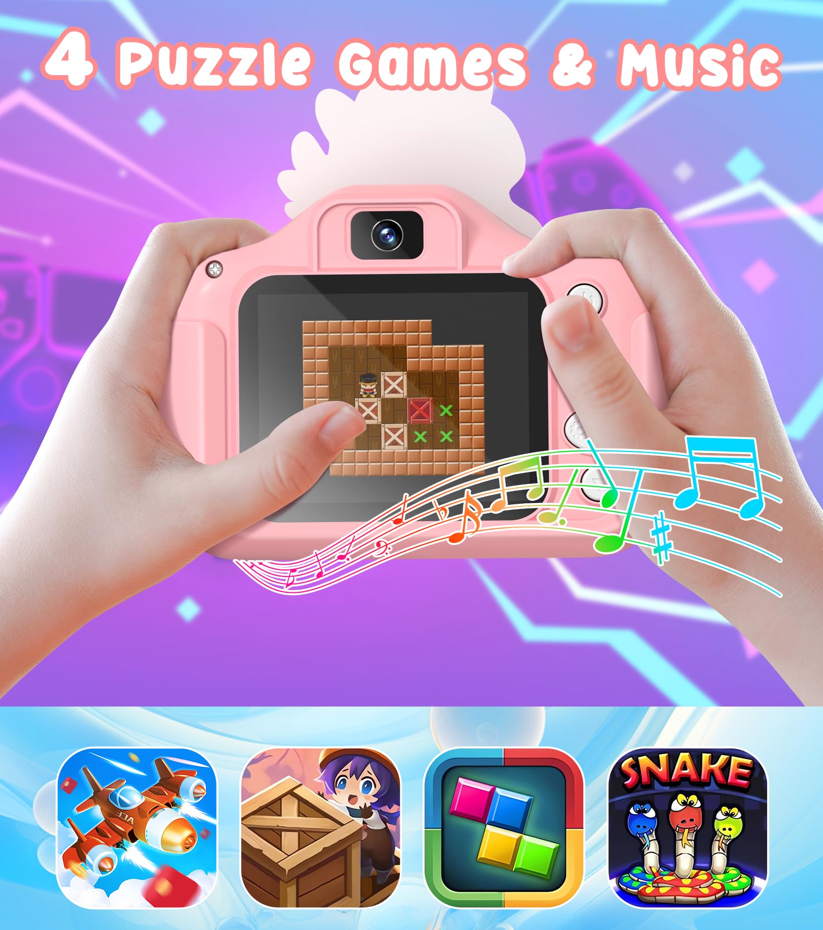 Gontence Macchina Fotografica Bambini, 2.0" Schermo Macchina Fotografica Bambino, Scheda SD 32GB | 1080p HD Filmati, Giochi Bambini 3 4 5 6 7 8 9 10 11 12 Anni, Regalo Bambina Femmina Digital