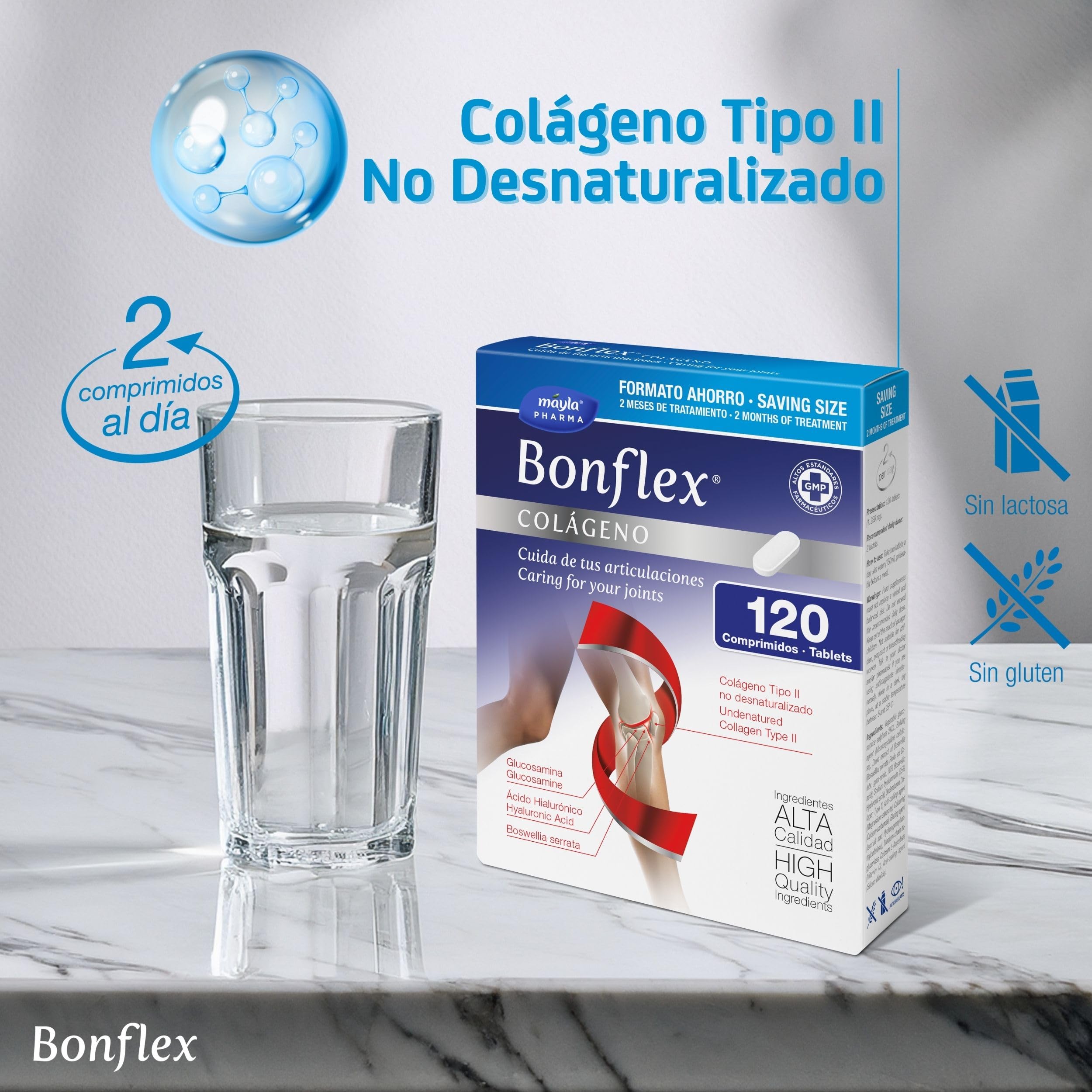 Bonflex Collagène 120 Comp Collagène non dénaturé Type II, aide à maintenir en forme les articulations face à l'usure et aux impacts 1500 mg Glucosamine prend soin de vos articulations 2 prises par