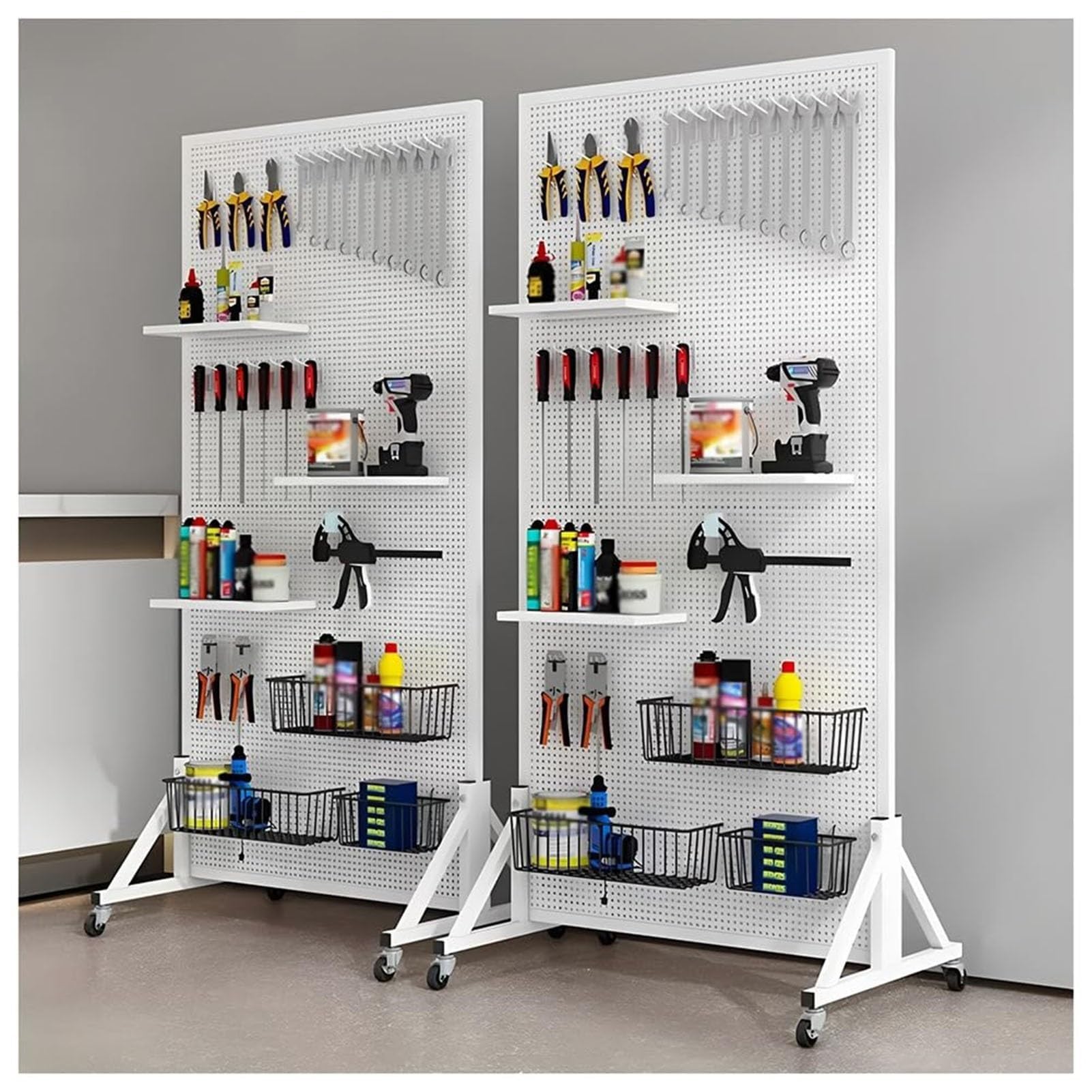 Rollbarer Lochwand-Präsentationsständer Mit Rollen, Freistehender Metall-Organizer-Turm Mit 20 Haken, Mobiler Werkzeug-Organizer for Dekoration Und Aufbewahrung(White,80 * 40 * 120cm)