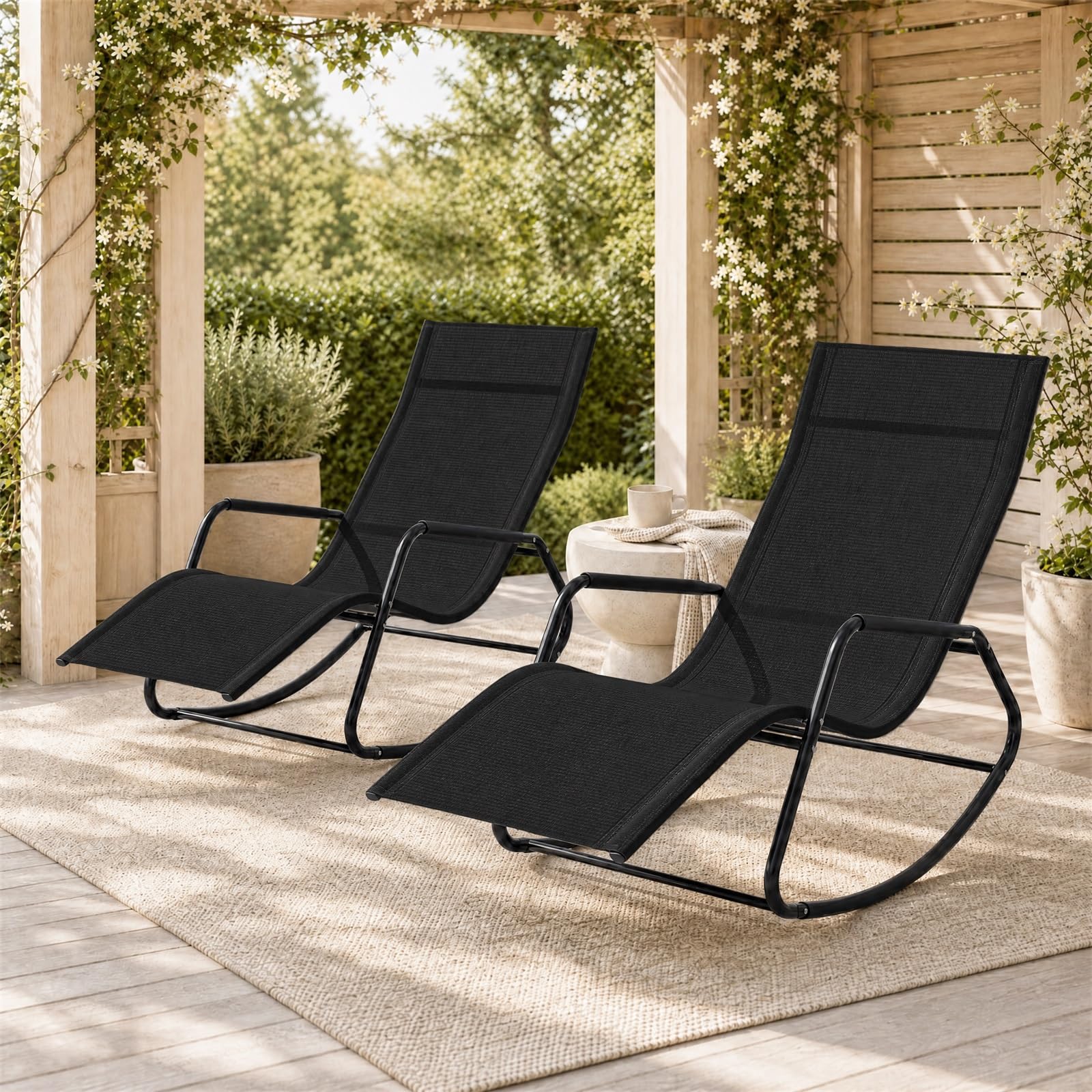 GOPLUS Tumbona Mecedora de Jardín, Carga 160 kg, Silla Balancín para Exterior con Tejido Transpirable, Reposabrazos Curvos, Reposacabezas Desmontable, para Balcón, Terraza (Negro, 57x143x86 cm)