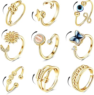 FIBO STEEL 9 Pcs Fidget Anxiety Rings for Women Men Spinner Rings for Anxiety Relieving Stress Open CZ Flower Moon Star Anti Rotatable Rings Adjustable Gold-Tone