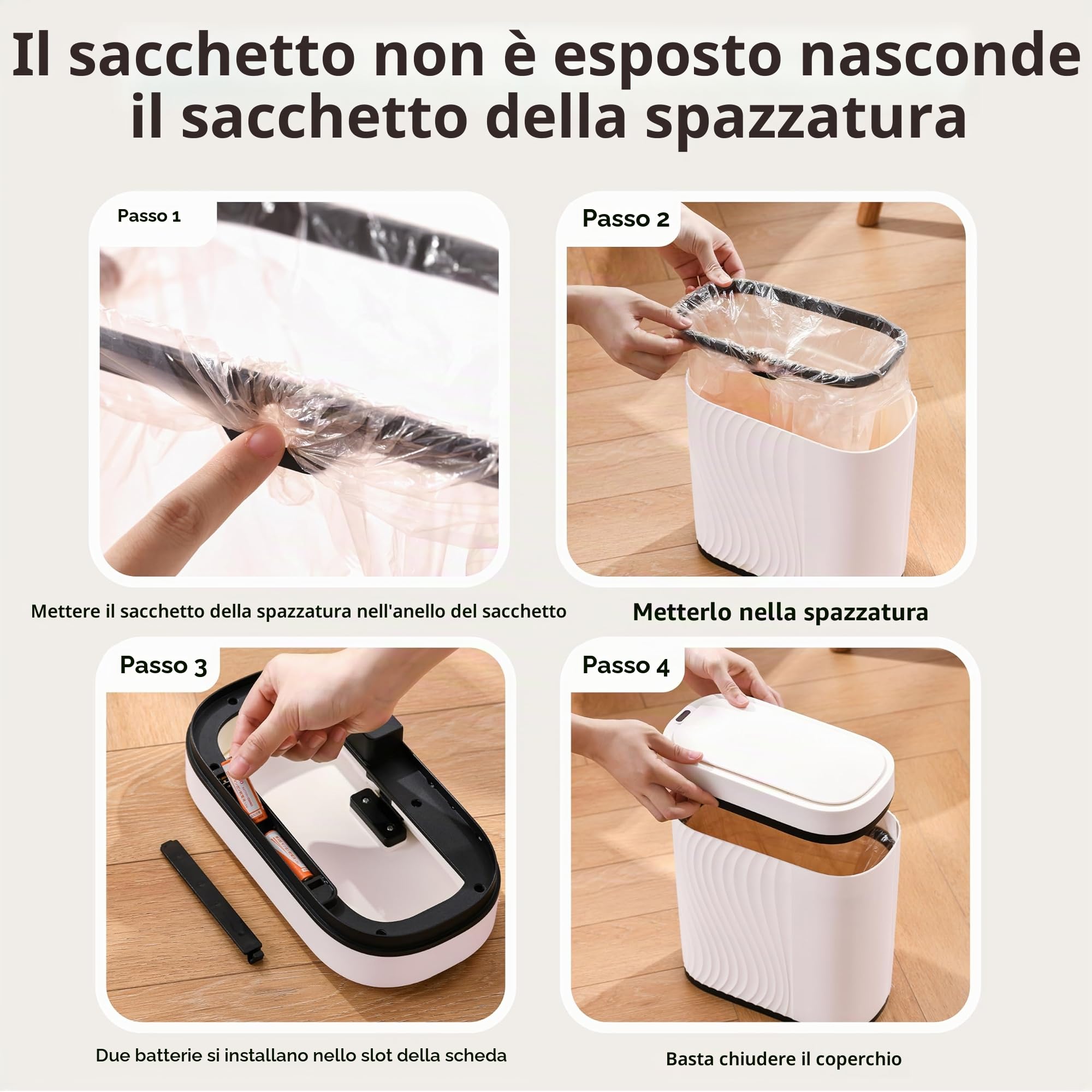 Cestino Automatico con Sensore 8L - Cestino Elettrico con Coperchio per Cucina e Bagno - Impermeabile e Antiodore per Ufficio, Camera da Letto, WC - Bidone Bianco Silenzioso