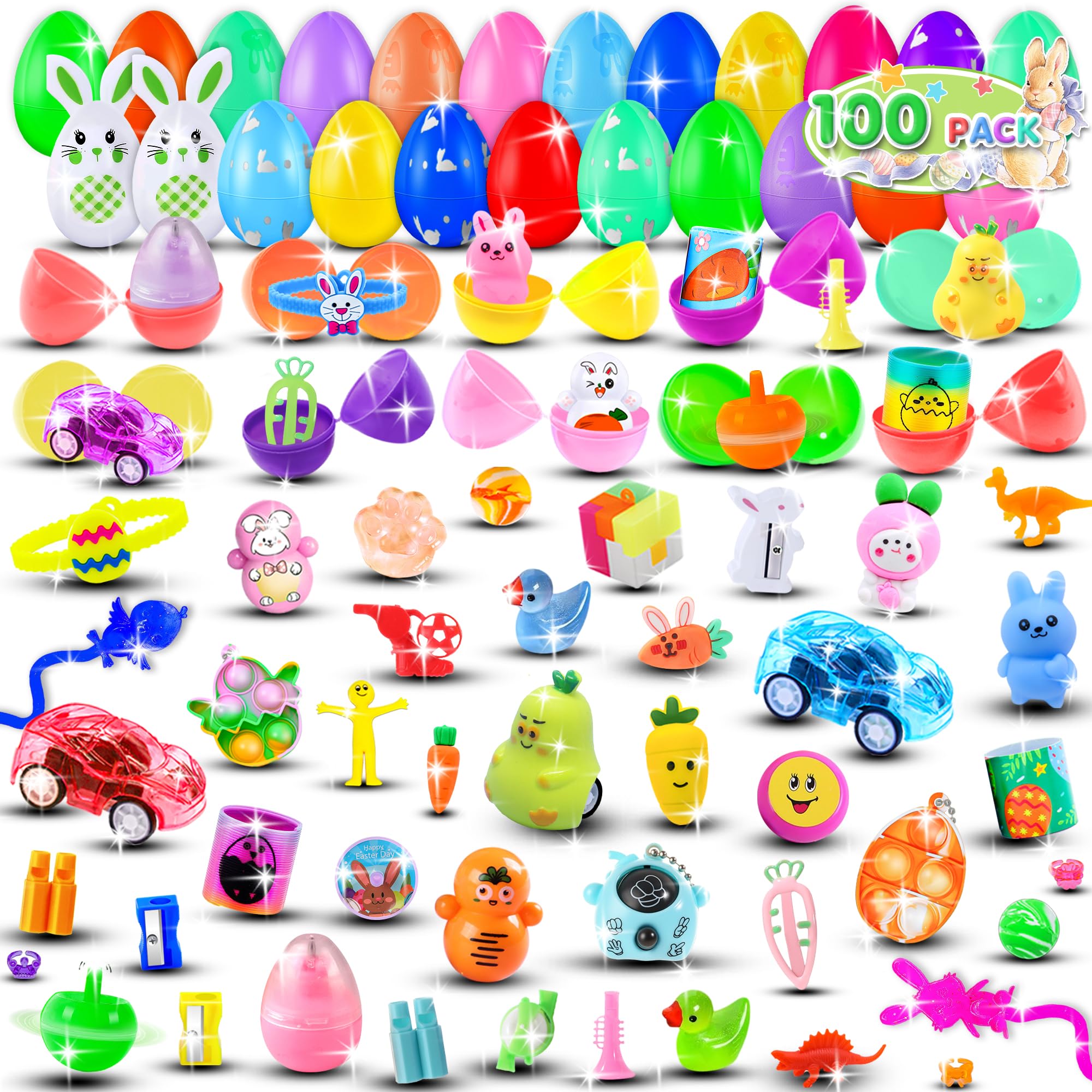 Jookamar 100 Pack Prefilled Easter Eggs with Toys Inside,Plastic Eggs Fillers, Easter Basket Stuffers, Party Favors Supplies, Classroom Prizes Bulk