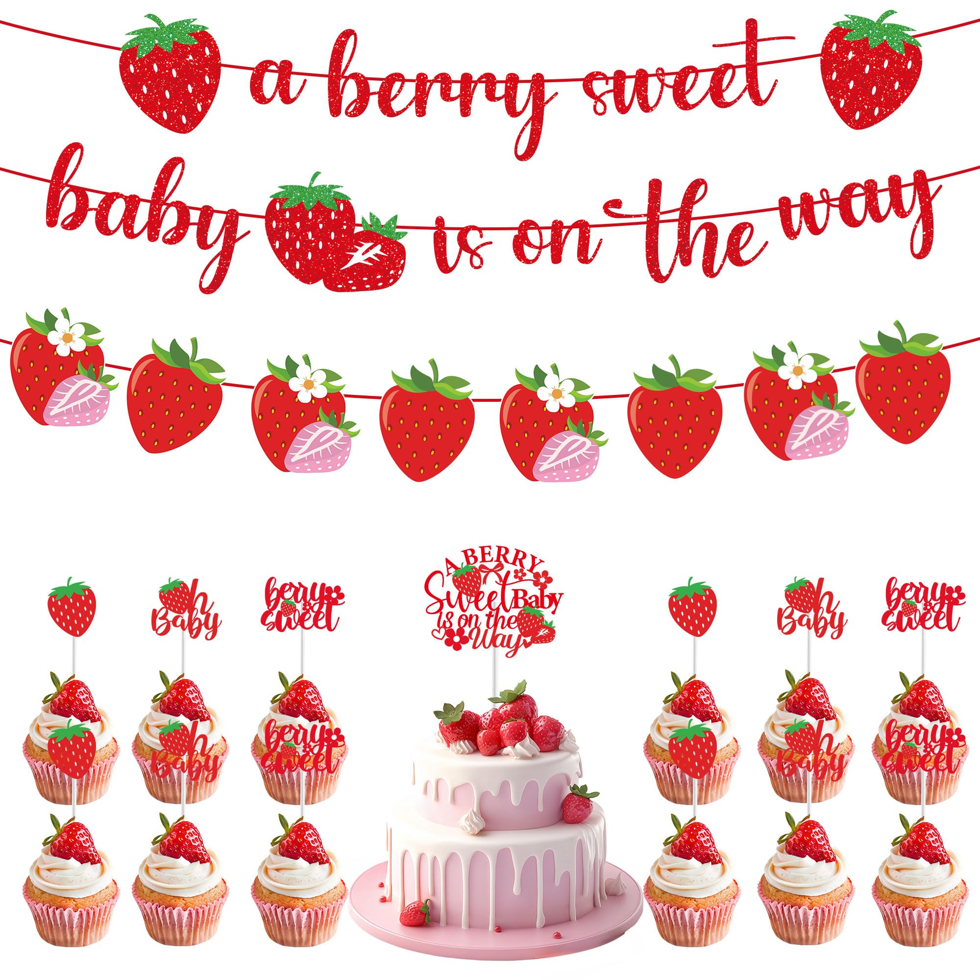 Strawberry Baby Shower Decorations, a Berry Sweet Baby is on the Way Party Supplies with Banner Garland, Cake and Cupcake Toppers, Strawberry Party