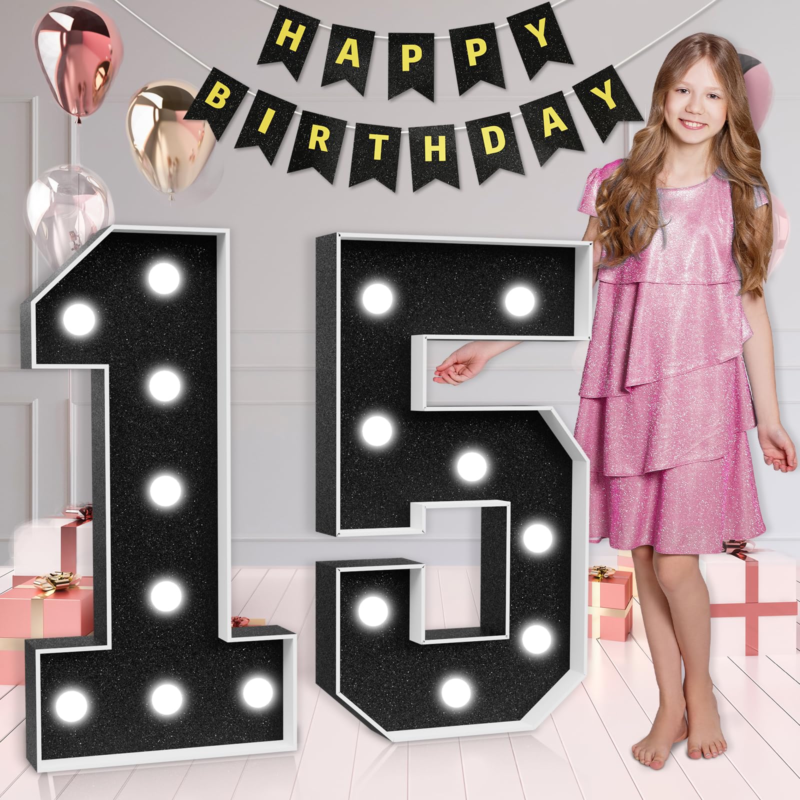 Marquee Numbers Black 15th-Birthday Decorations: Large 3ft Light Up Number 15 Birthday Decoration for Boy Girl Fifteen Year Old Birthday Decor Party