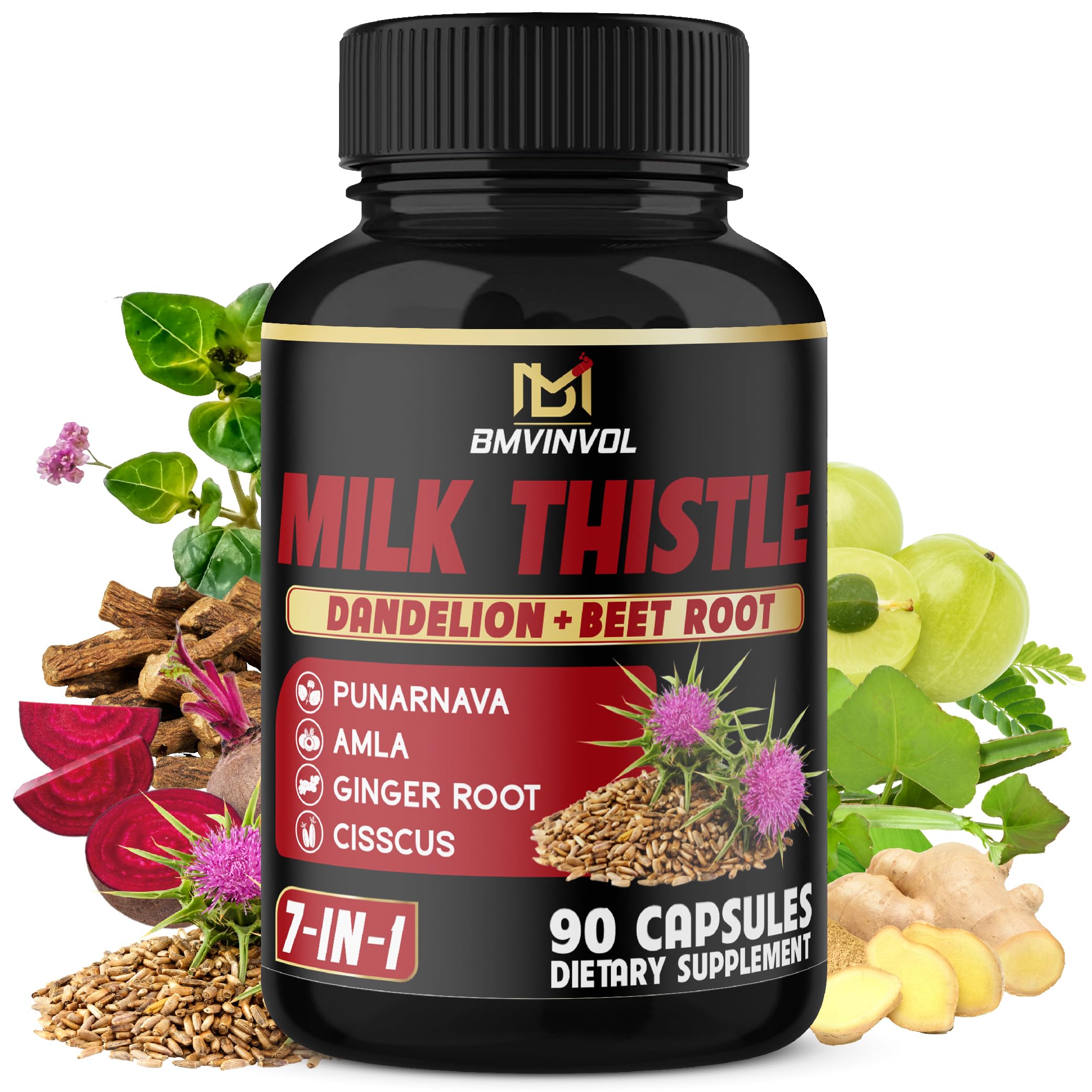 BMVINVOL Milk Thistle Capsules with Beet Root, Punarnava, Amla, Ginger, Dandelion, Cissus - 90 Count - 3 Month Supply