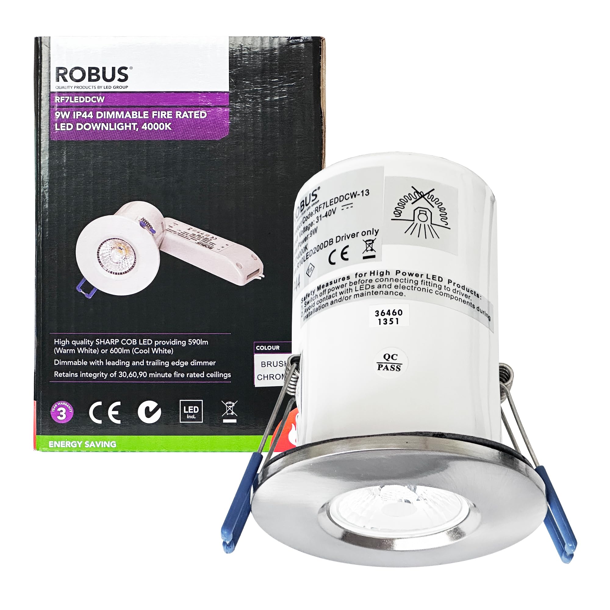 Fire Rated LED Downlight 9W 4000K Cool White Dimmable Brushed Chrome IP44
